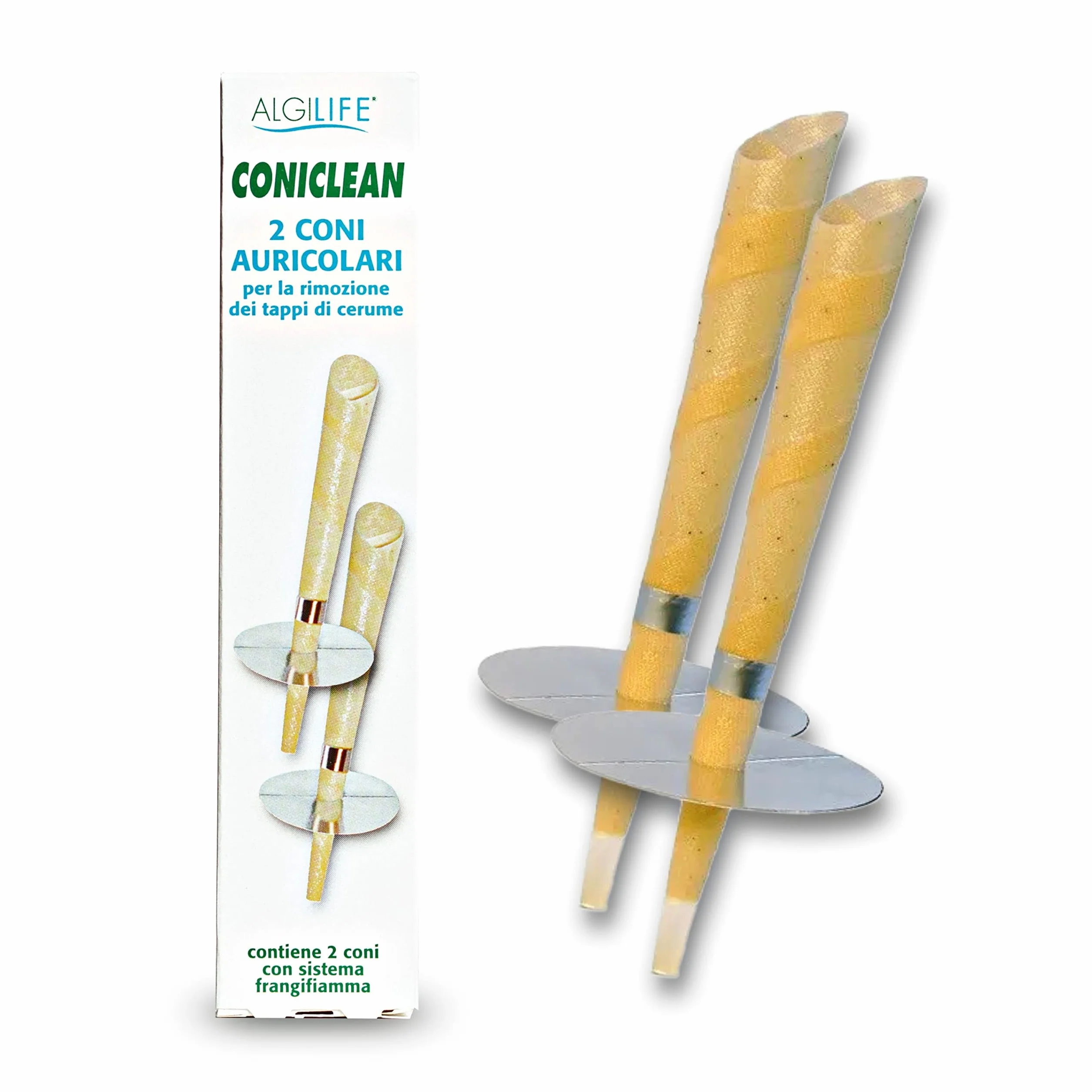 ALGILIFE ConiClean Coni Auricolari per Rimozione Tappi Cerume, Candele con Cera d'Api e Filtro Frangifiamme, 2 Pezzi