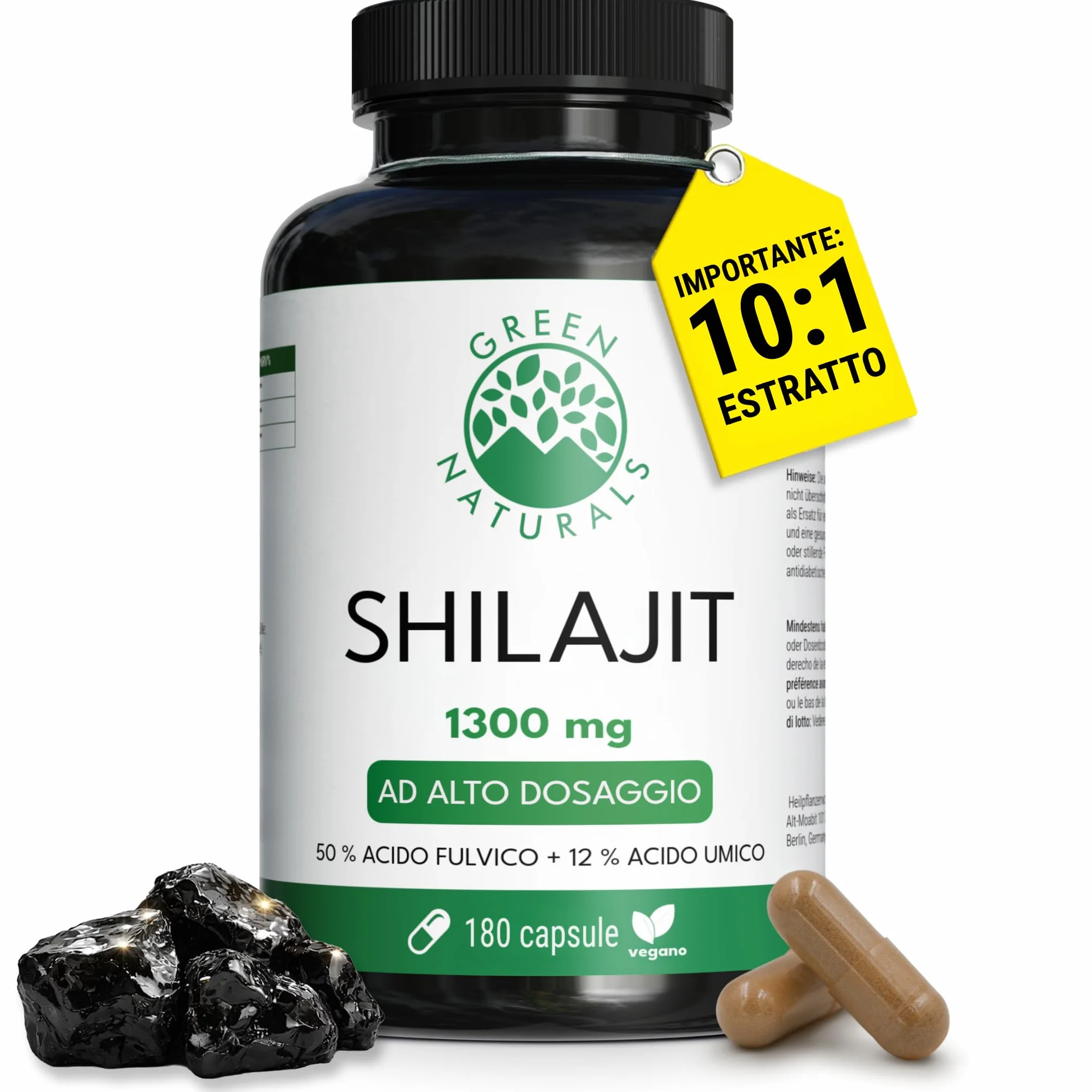 Green Naturals® Shilajit Himalaya Originale – 1.300 mg per dose giornaliera (estratto 10:1) – 50% acido fulvico & 12% acido umico – Scorta 3 mesi – 180 capsule