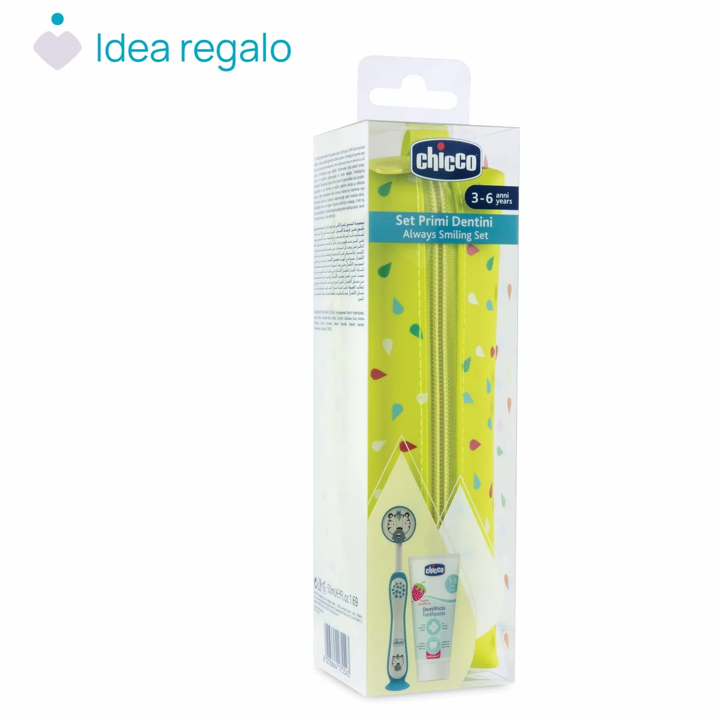 Chicco Set Spazzolino e Dentifricio per Bambini, Con Pratico Astuccio, Set Comprende Dentifricio Al Gusto Fragola e Spazzolino con Setole Morbide e Ventosa, Set da Viaggio, 3-6 Anni, Azzurro