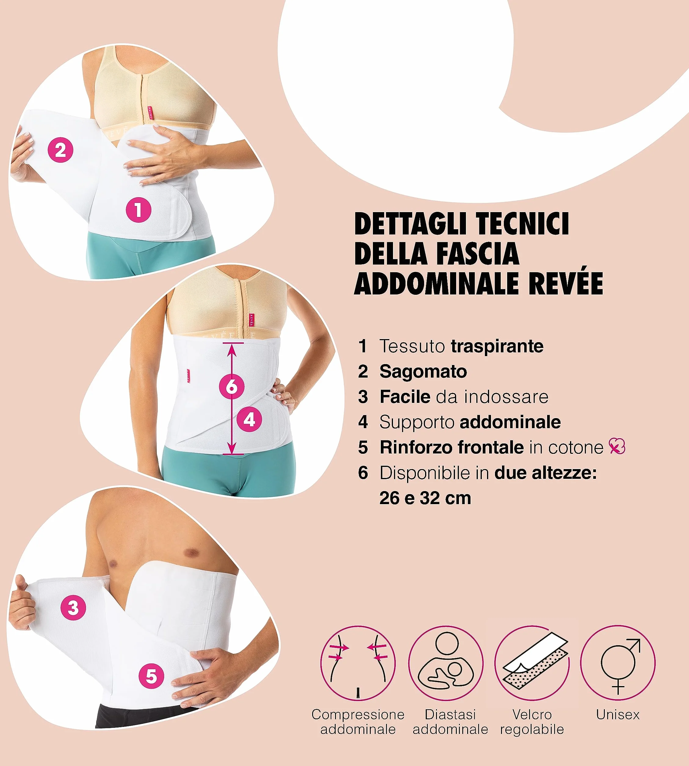 REVÉE Fascia Addominale Post-Operatoria h26 cm - Binder per Terapia Post-Addominoplastica, Lipoaspirazione, Ernia Addominale, Ernia Ombelicale, Parto Cesareo, Fascia Compressiva Unisex (Bianco, XXL)