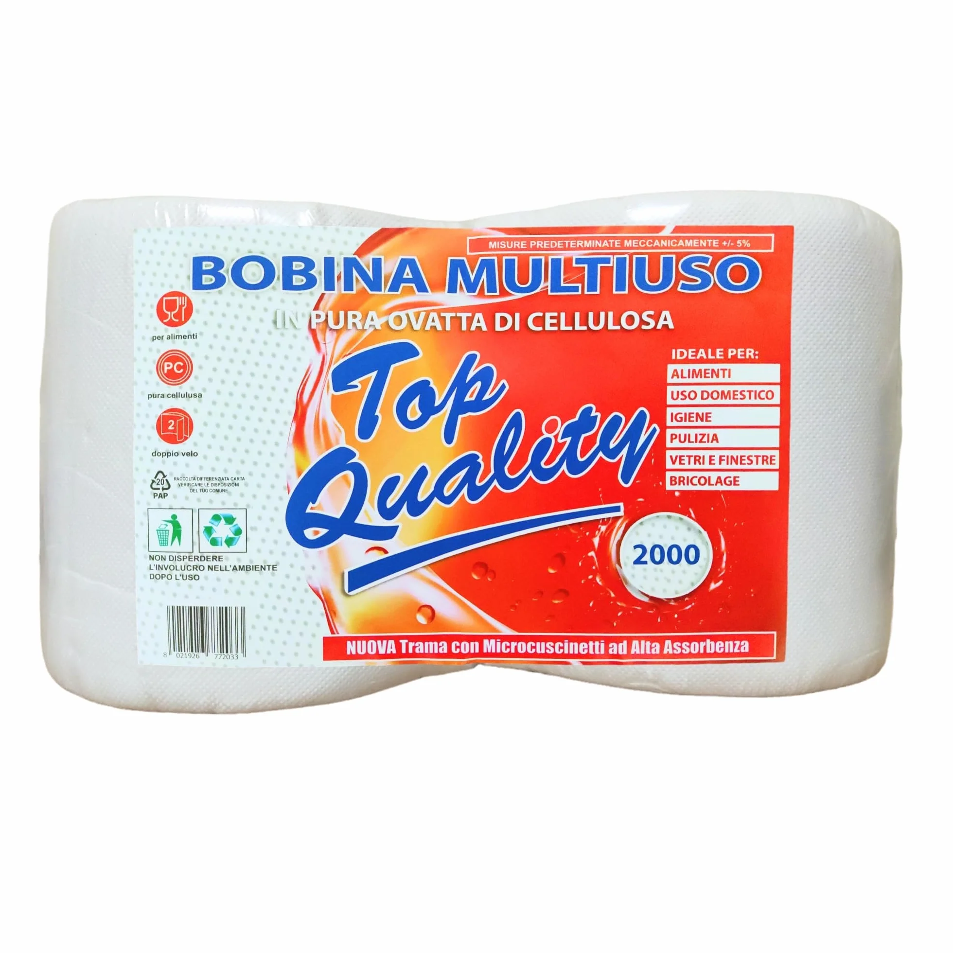 Carta Asciugatutto Pura Cellulosa 2 Veli Bobina 2000 - 2 Rotoli