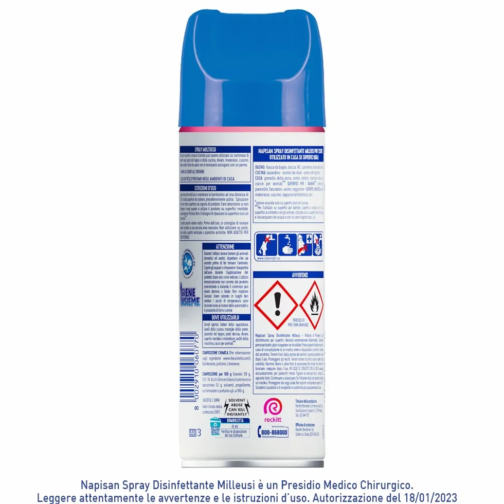 Napisan Spray Disinfettante Milleusi, Disinfettante Spray per Tessuti e Superfici, Fragranza Profumo Di Primavera, Confezione da 3 da 400ml