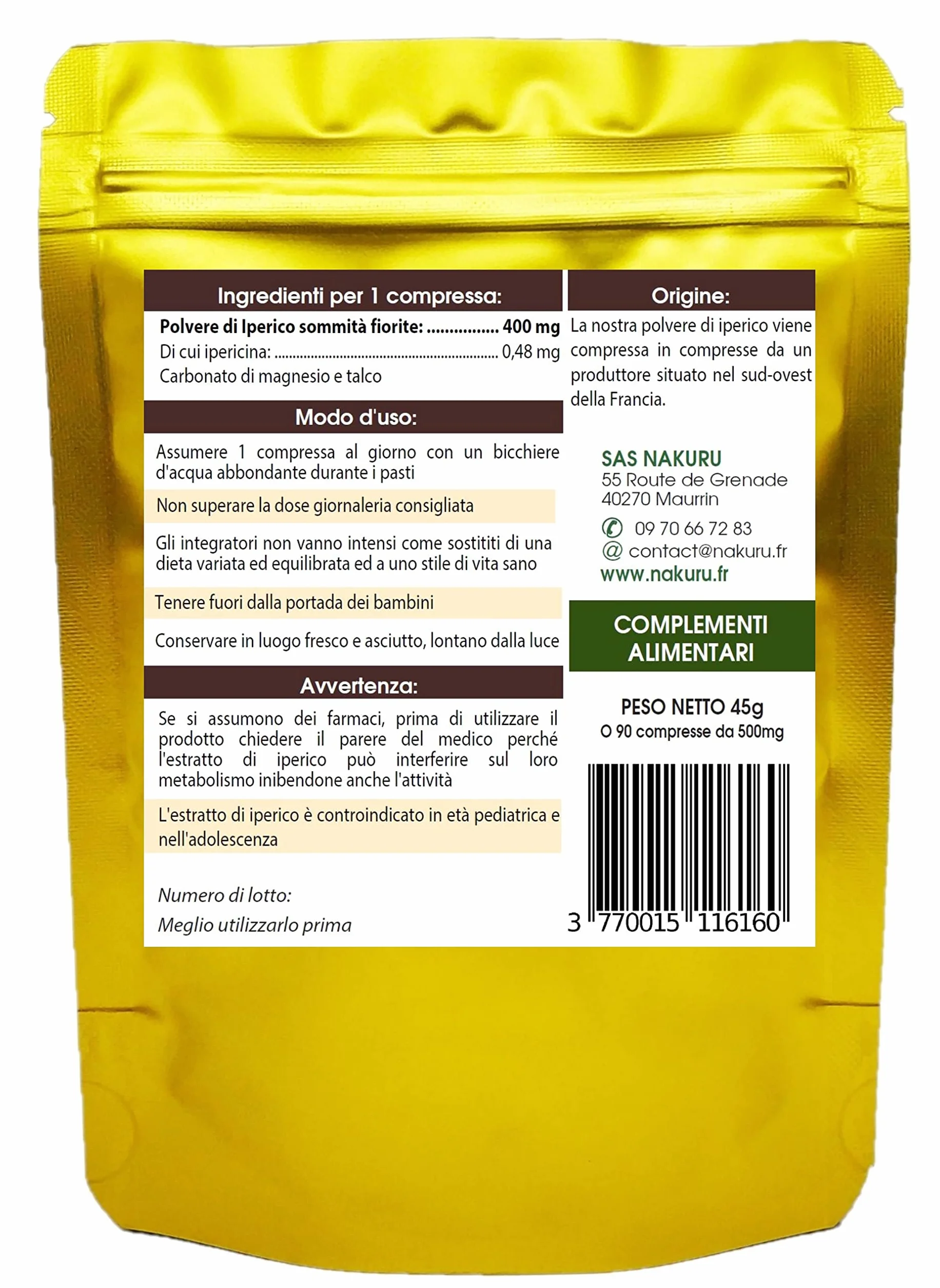 Erba di San Giovanni / 90 compresse da 500mg / NAKURU Relax/Polvere organica secca e compressa a freddo/Analizzata e condizionata in Francia / "La Caccia al Demone!" (Dorato)