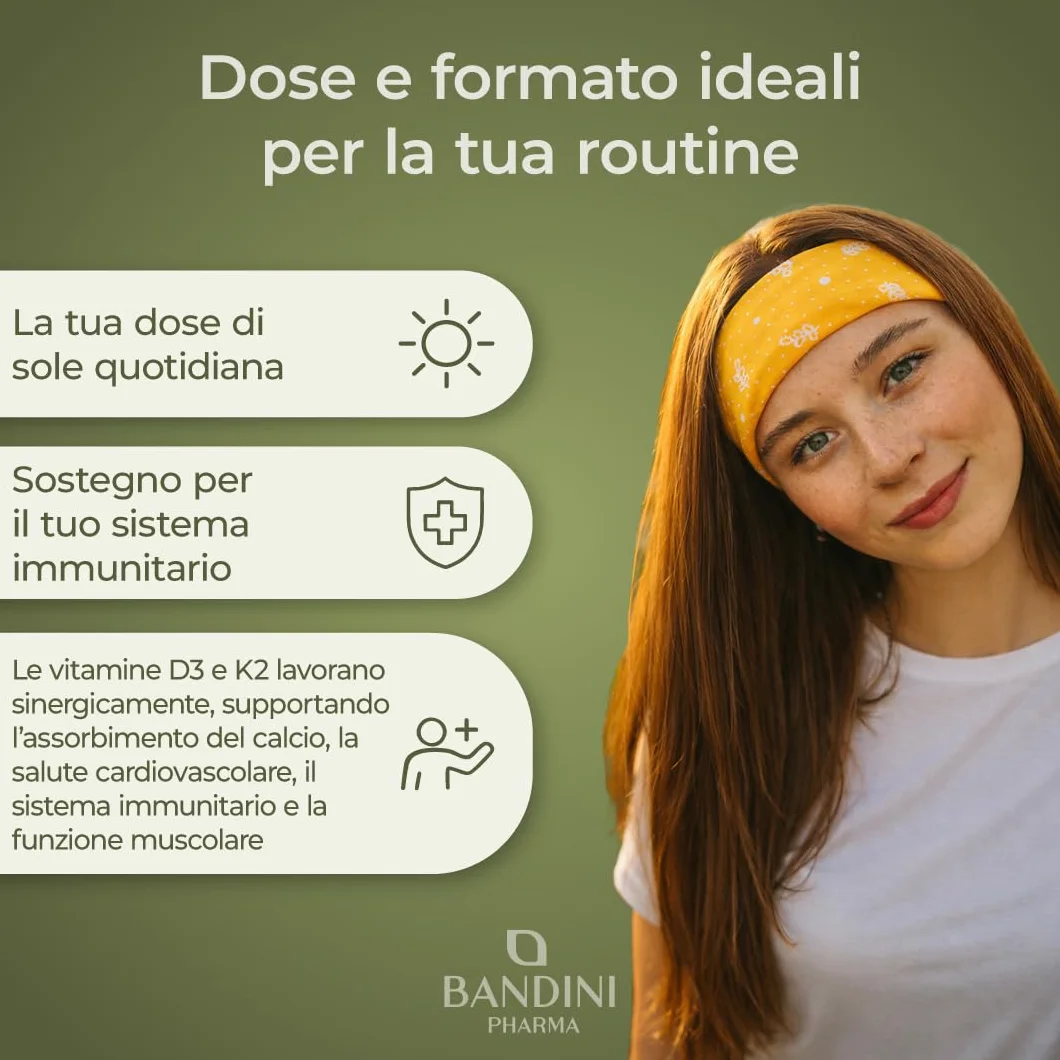 Bandini Vitamina D3 K2 Gocce in Olio Extra Vergine di Oliva EVO 1000 UI Colecalciferolo 100 mcg MK-7 Menachinone
