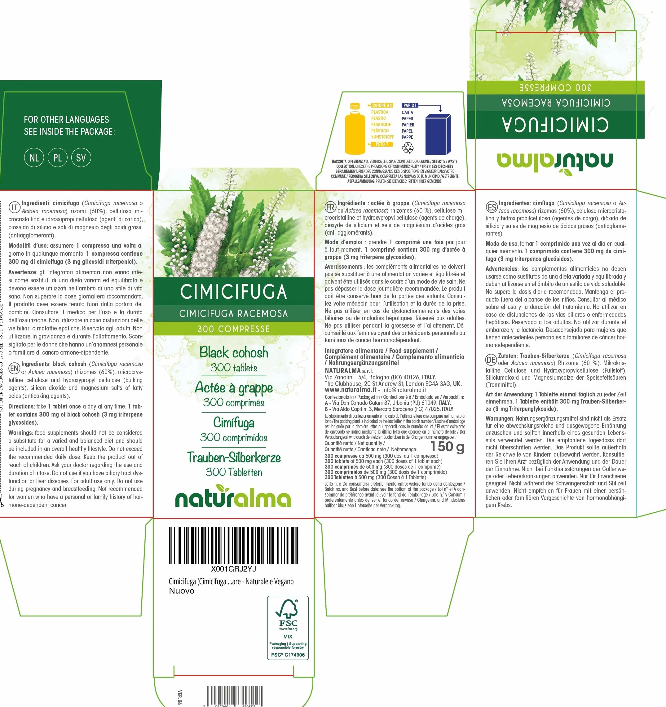 Cimicifuga racemosa rizomi Naturalma 300 compresse Integratore alimentare Vegano