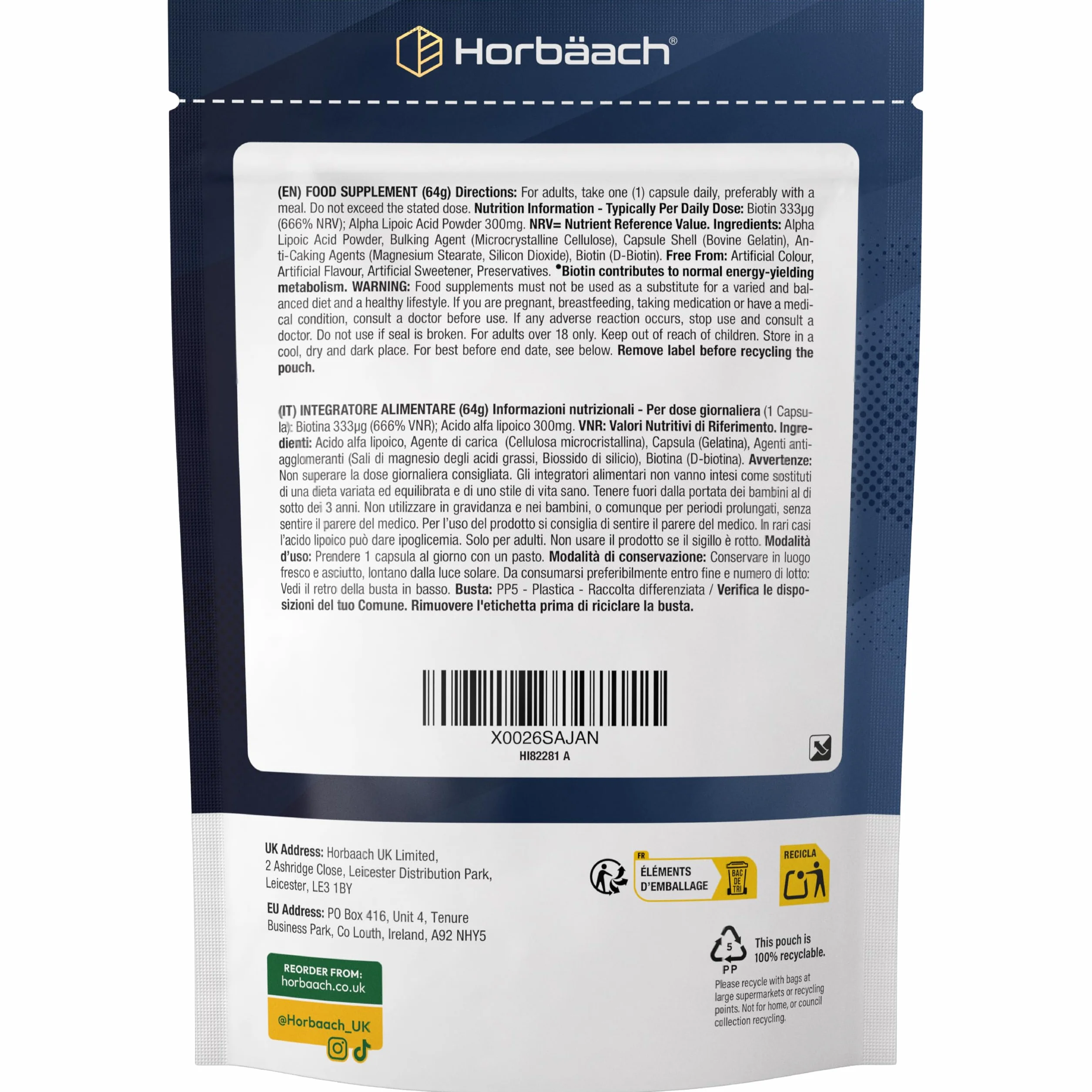Horbaach Acido Alfa Lipoico 300ug Biotina 120 Capsule Alto Dosaggio Integratore Alimentare
