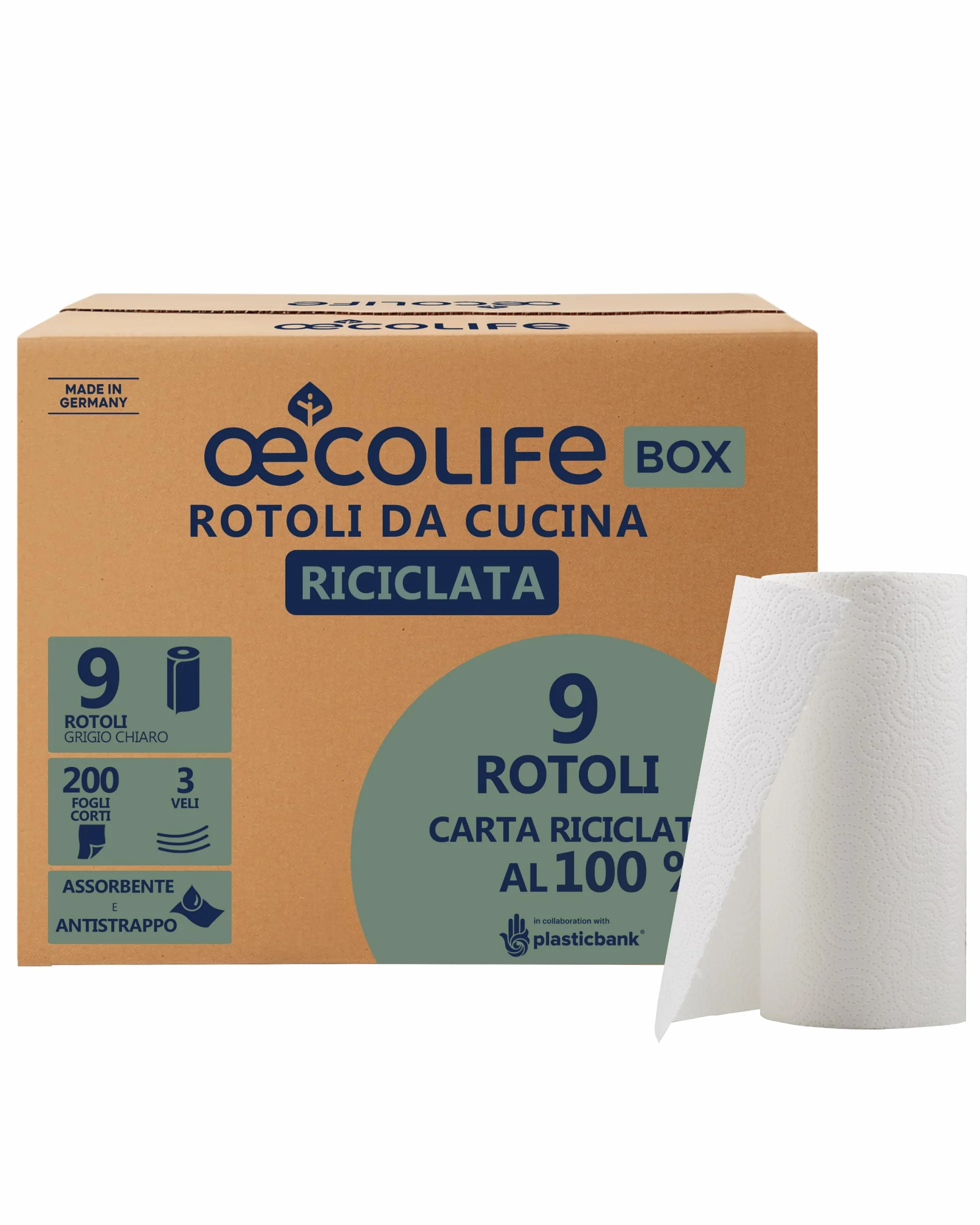 œcolife Asciugamani da cucina Ricicling 9 rotoli 200 fogli, senza plastica sostenibili multiuso