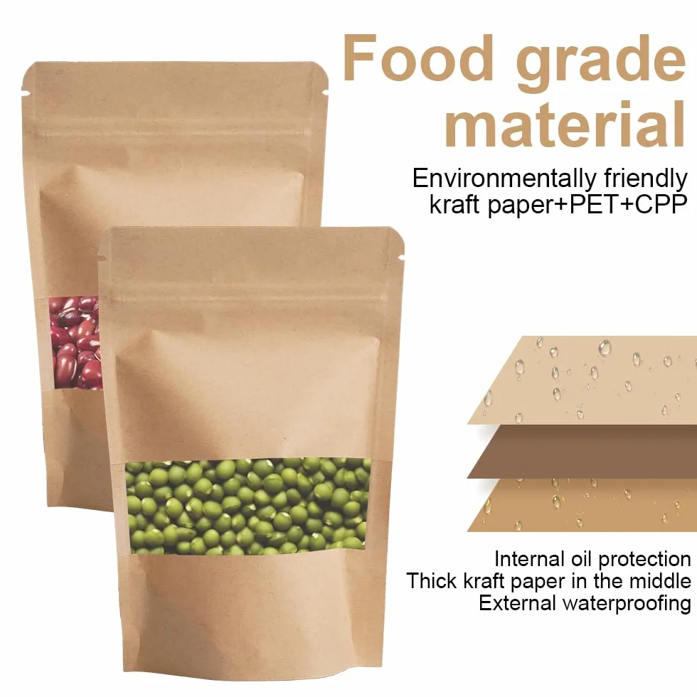 100 Pezzi 15 x 10 cm Sacchetti Carta Kraft con Finestra, Marrone Sacchetti di Carta per Alimenti, Riutilizzabile con Cerniera Imballaggi per Alimenti in Carta Kraft per Noci, Chicchi di Caffè, Tè