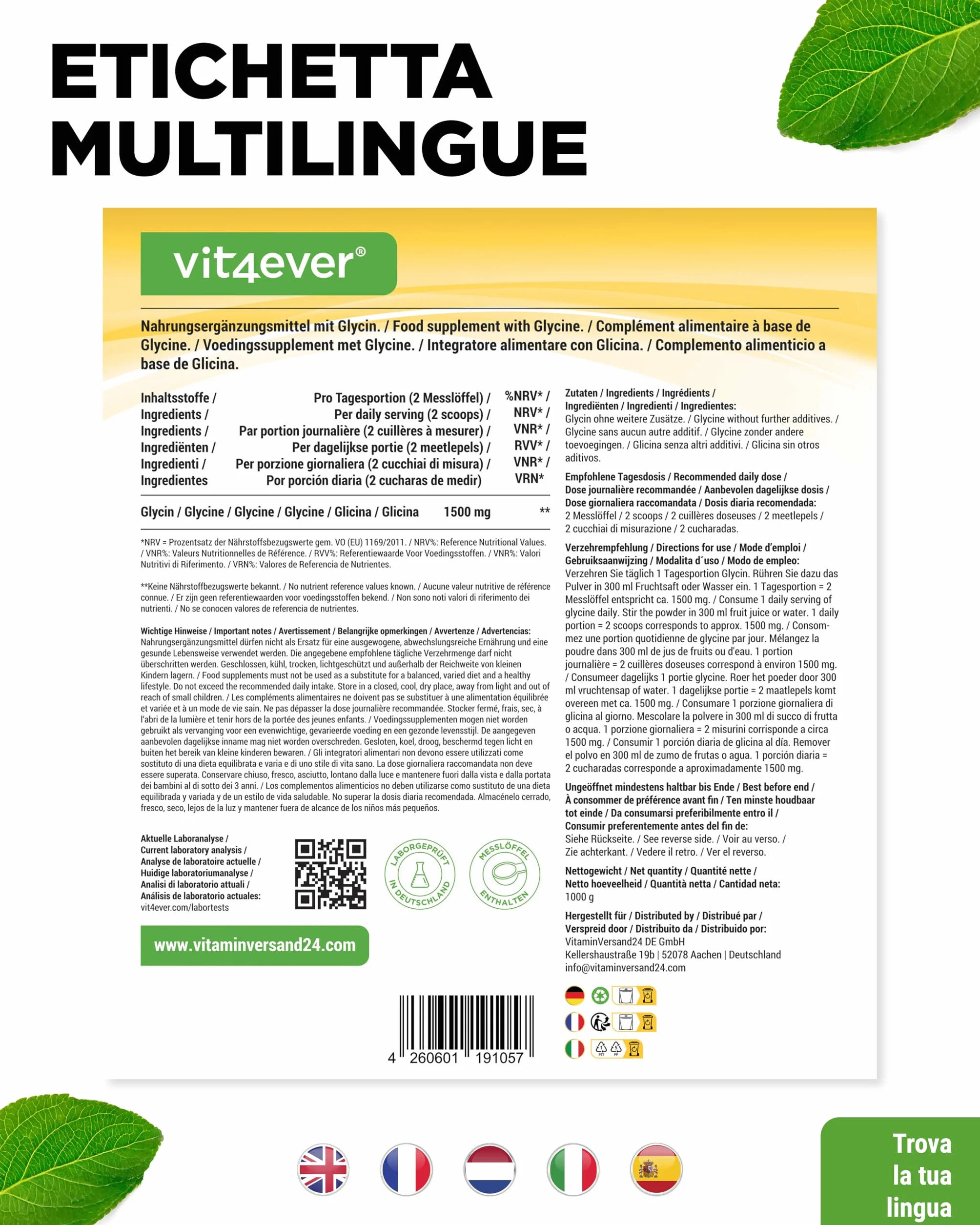 vit4ever Glicina pura - 1000 g (1 kg) di polvere pura senza additivi - Con cucchiaio dosatore - Amminoacido L-glicina dosato in modo ottimale, naturalmente dolce - Vegano