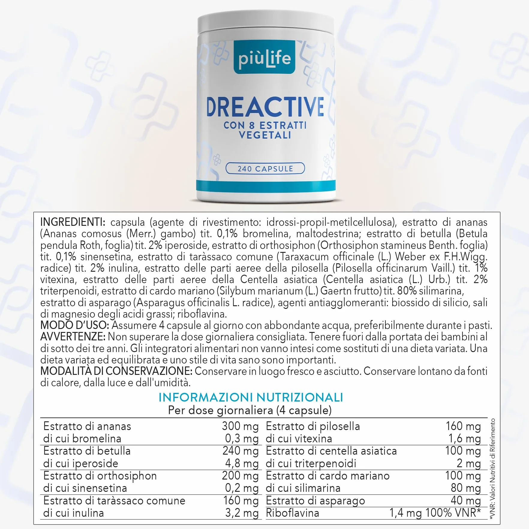 PiùLife Drenante Diuretico Naturale 240 Capsule, 8 Estratti Vegetali, Ananas Bromelina, Centella Asiatica, Betulla, Orthosiphon, Tarassaco, Pilosella, Cardo Mariano, Asparago Detox
