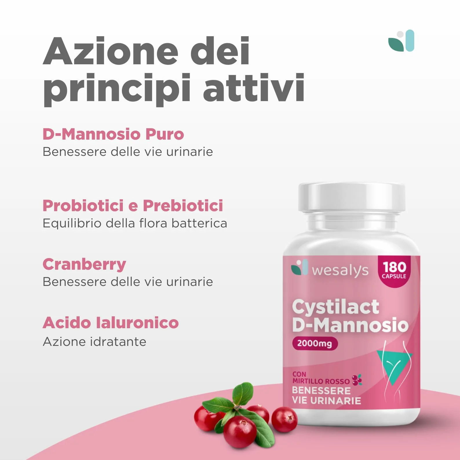 CYSTILACT® D Mannosio Puro 2000mg 180 Capsule con Mirtillo Rosso, Probiotici ed Acido Ialuronico per le Vie Urinarie