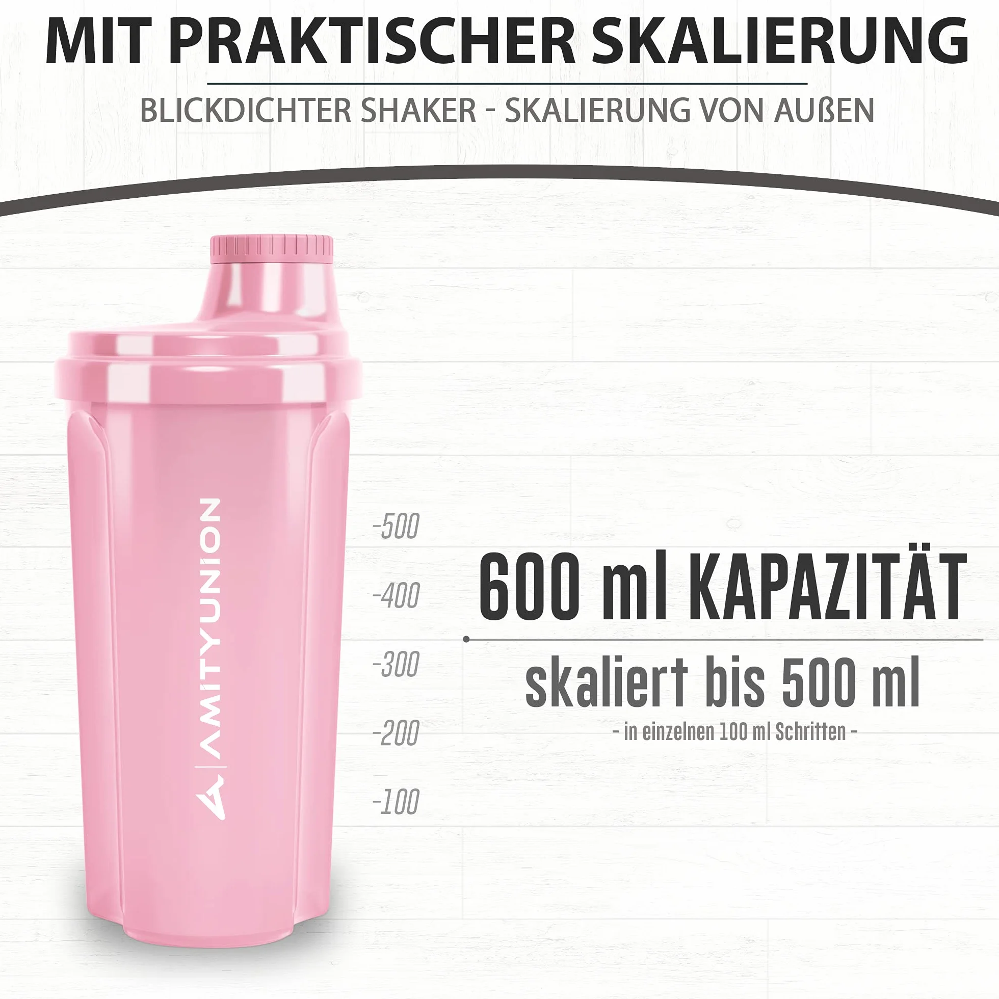 AMITYUNION Shaker per proteine 500 ml Heaven a prova di perdite, senza BPA con setaccio cliccabile e scala per frullati cremosi di siero di latte, shaker per proteine, originale in Rosa corallo