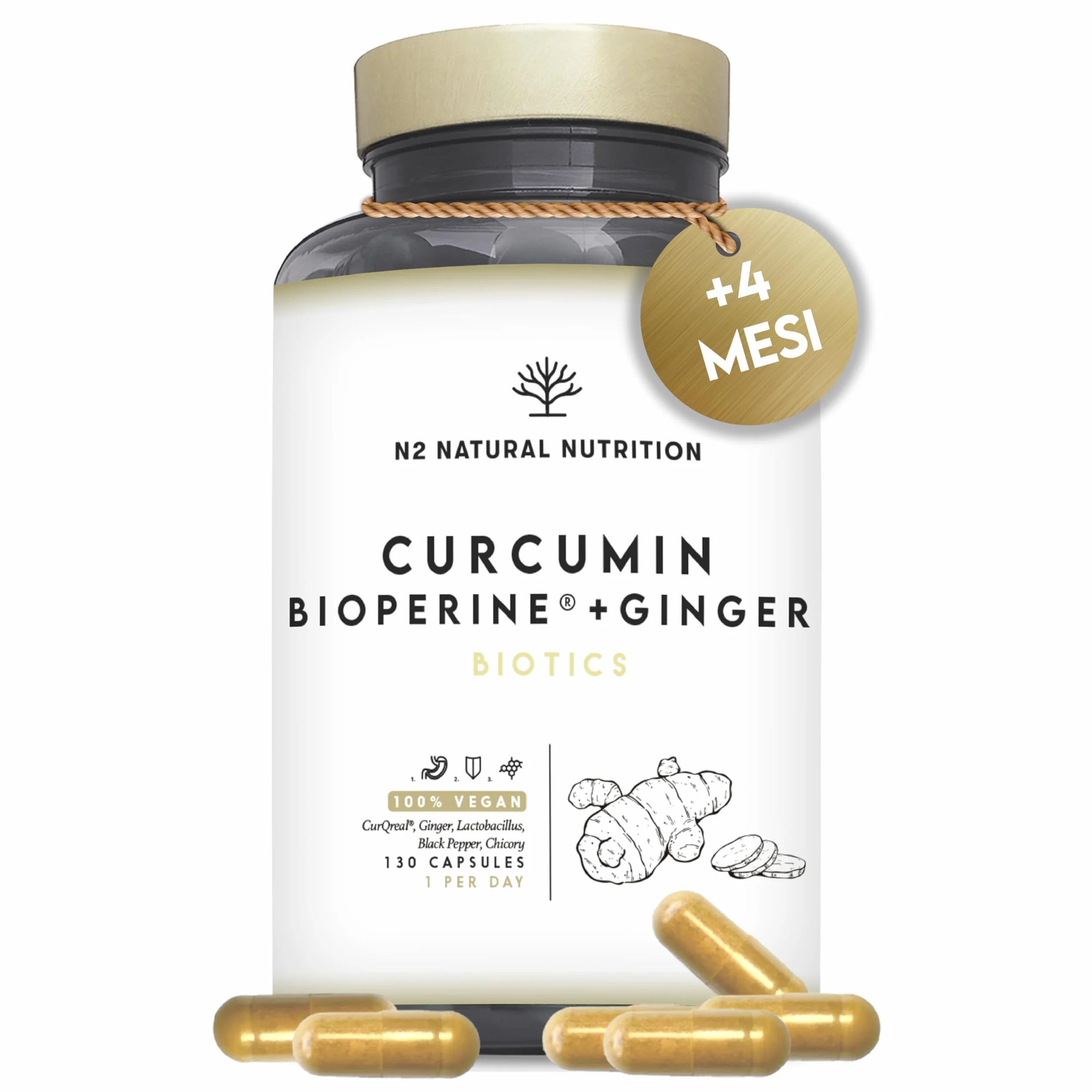 N2 Natural Nutrition Curcuma con Piperina 10000 mg Probiotici Zenzero 4 Mesi Antinfiammatorio Antiossidante