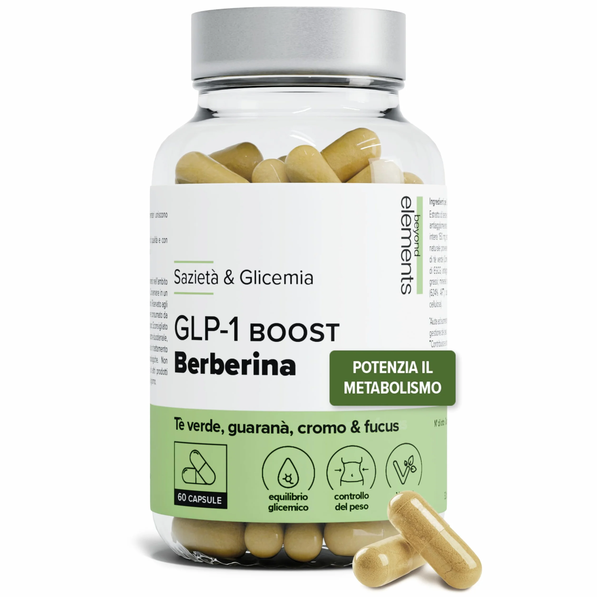 GLP-1 Boost – Con Berberina – Cromo 250 µg – Tè Verde, Fucus & Guaranà – Sazietà & Glicemia – Metabolismo – 100% Vegano – 60 capsule – Prodotto in Francia – Beyond Elements