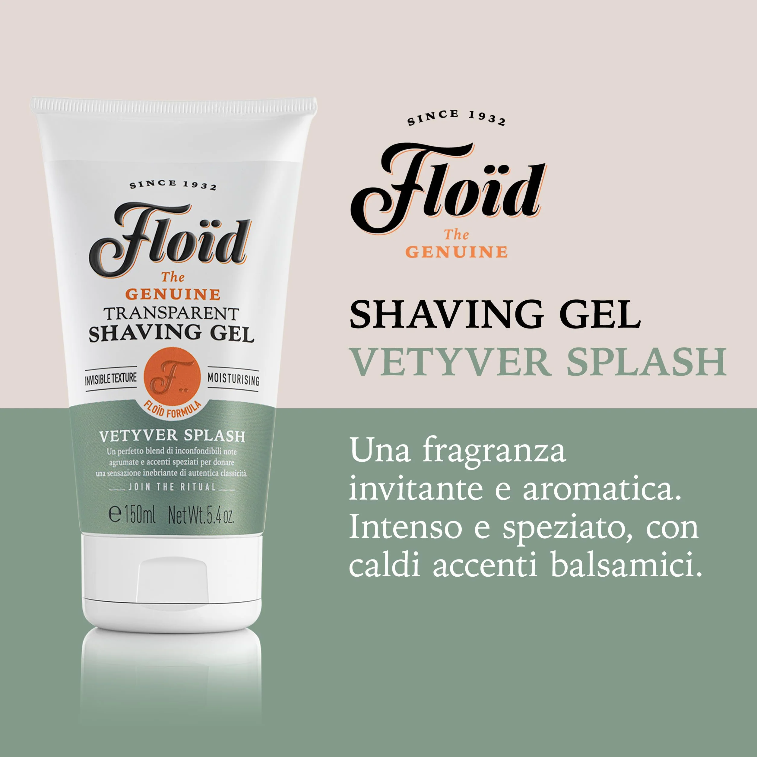 Floïd Transparent Shaving Gel Vetyver Splash (150 ml), Gel da barba profumato con glicerina idratante, Crema da barba trasparente per una rasatura comfortevole