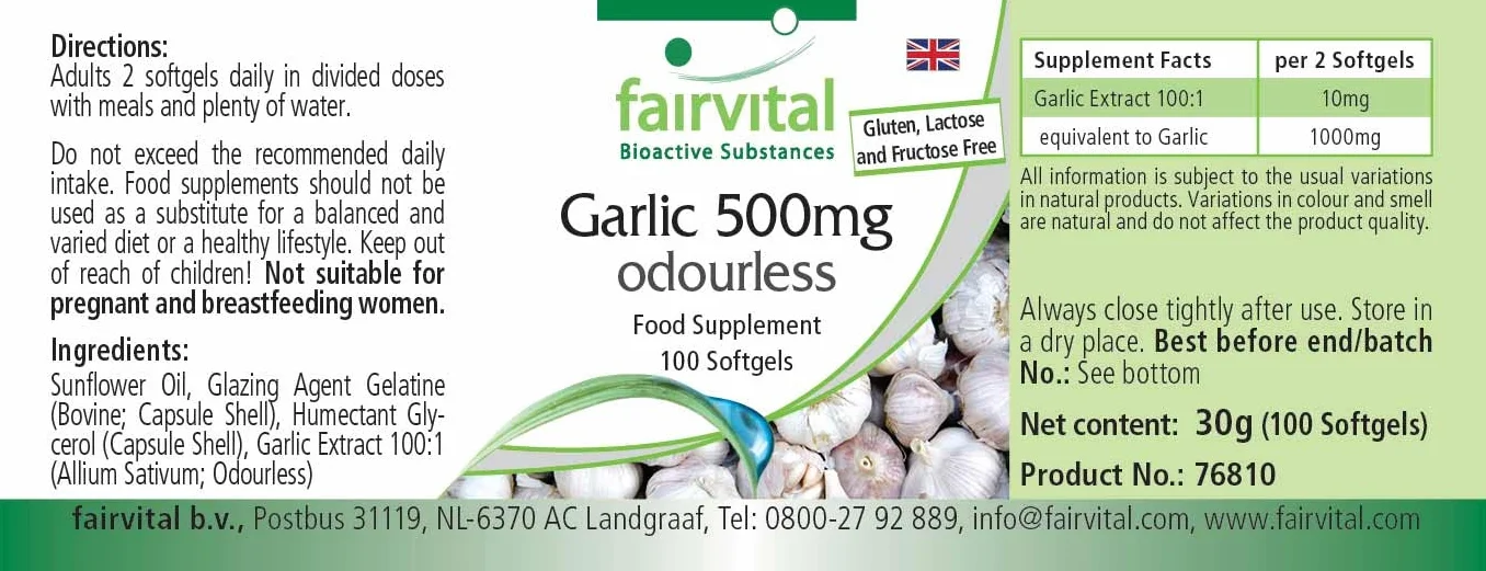 fairvital Capsule di aglio 500 mg, 100 softgel, facili da deglutire, contengono alliicina, estratto di aglio 100:1, ALTO DOSAGGIO e inodori
