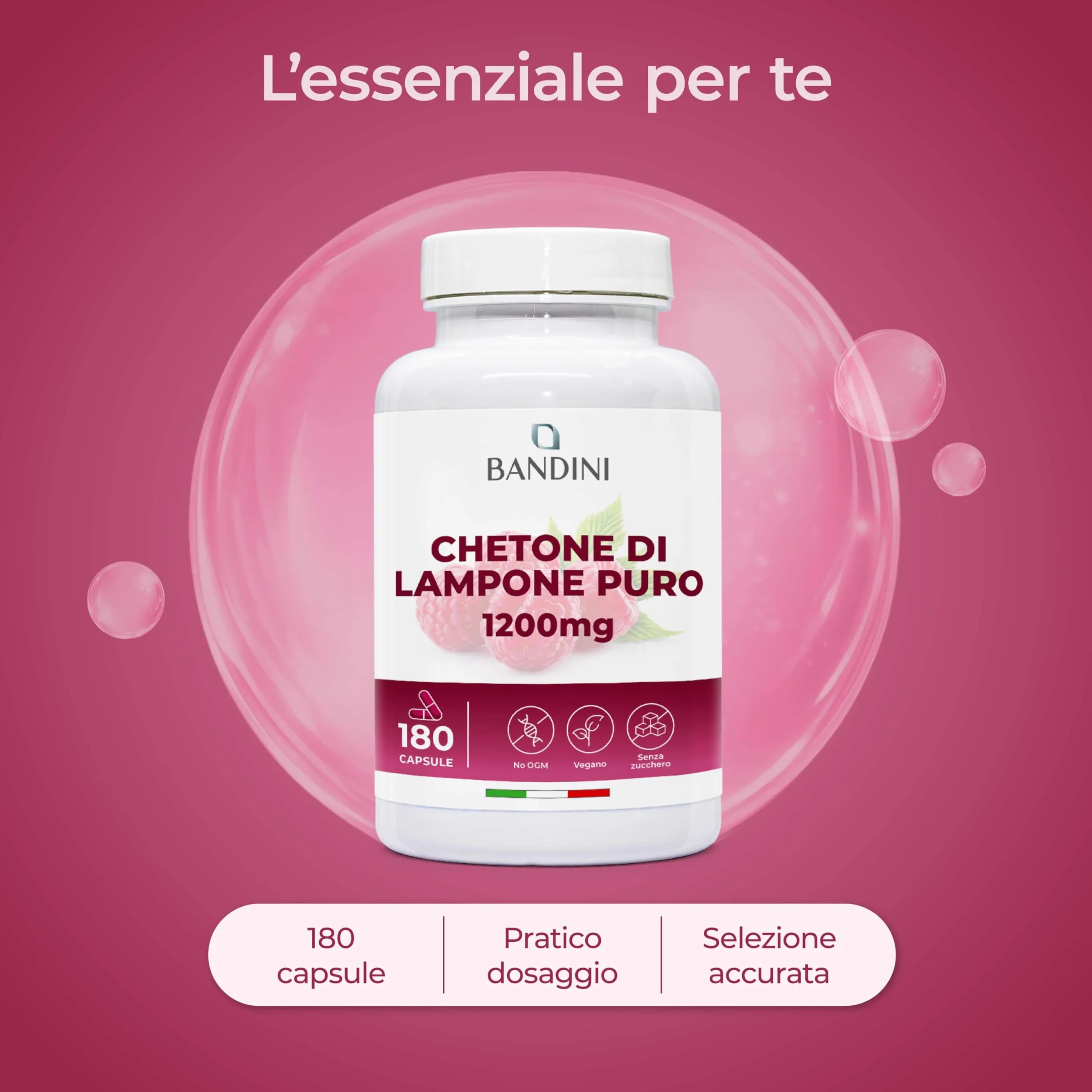 Bandini Chetone di Lampone Puro 1200mg Integratore Vegano 180 Capsule