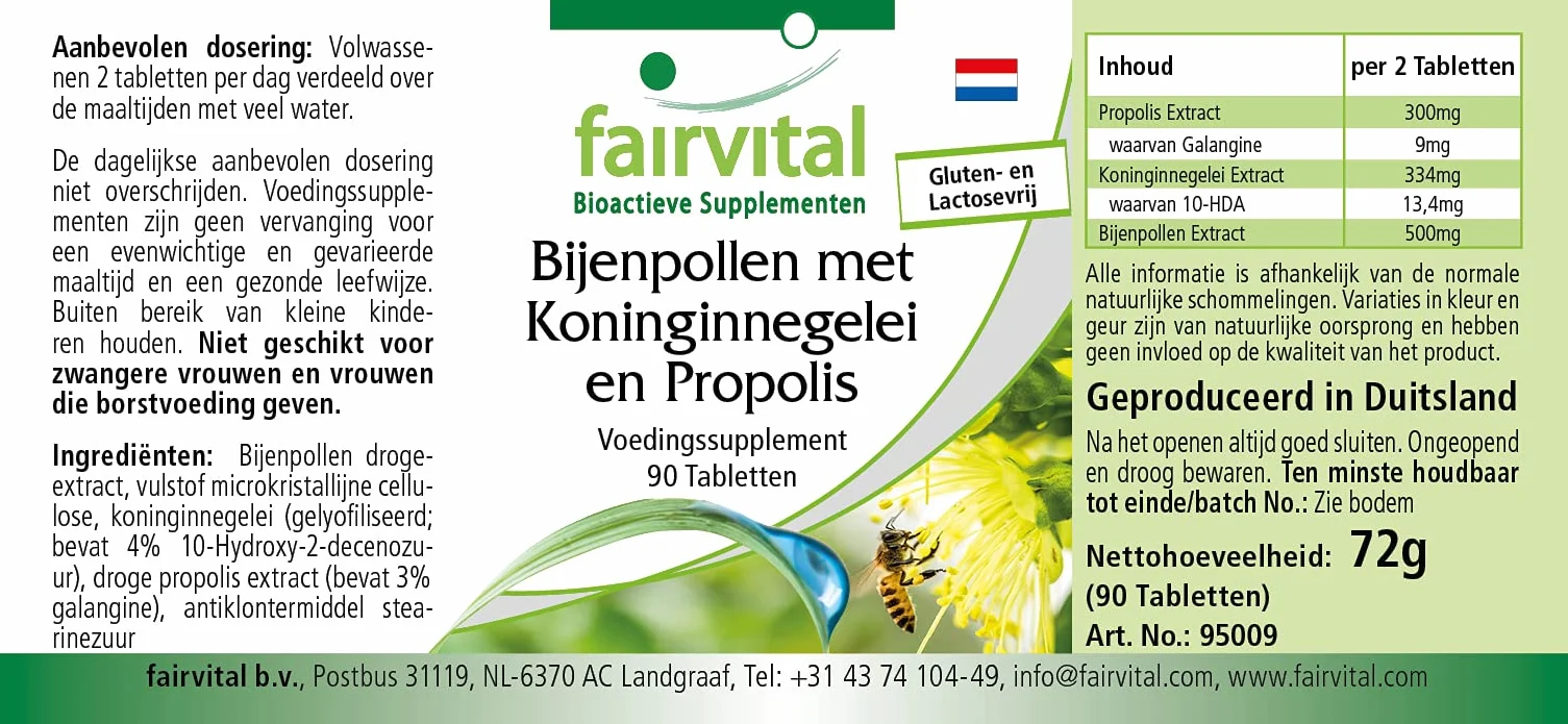 Fairvital Pollen d'api con pappa reale e propoli, 90 compresse, Alto Dosaggio