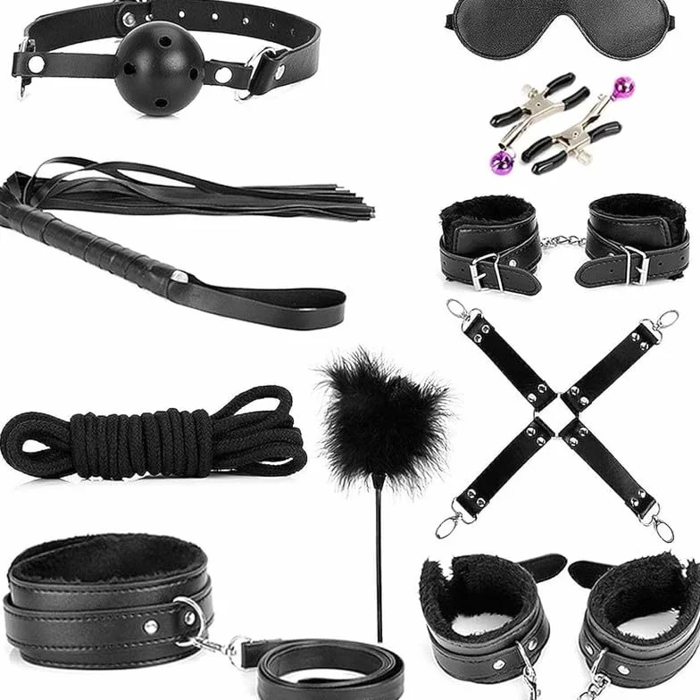 Sex Bondage Kit 10 Pezzi Pelle Nera Regolabile con Manette e Piuma Bastone