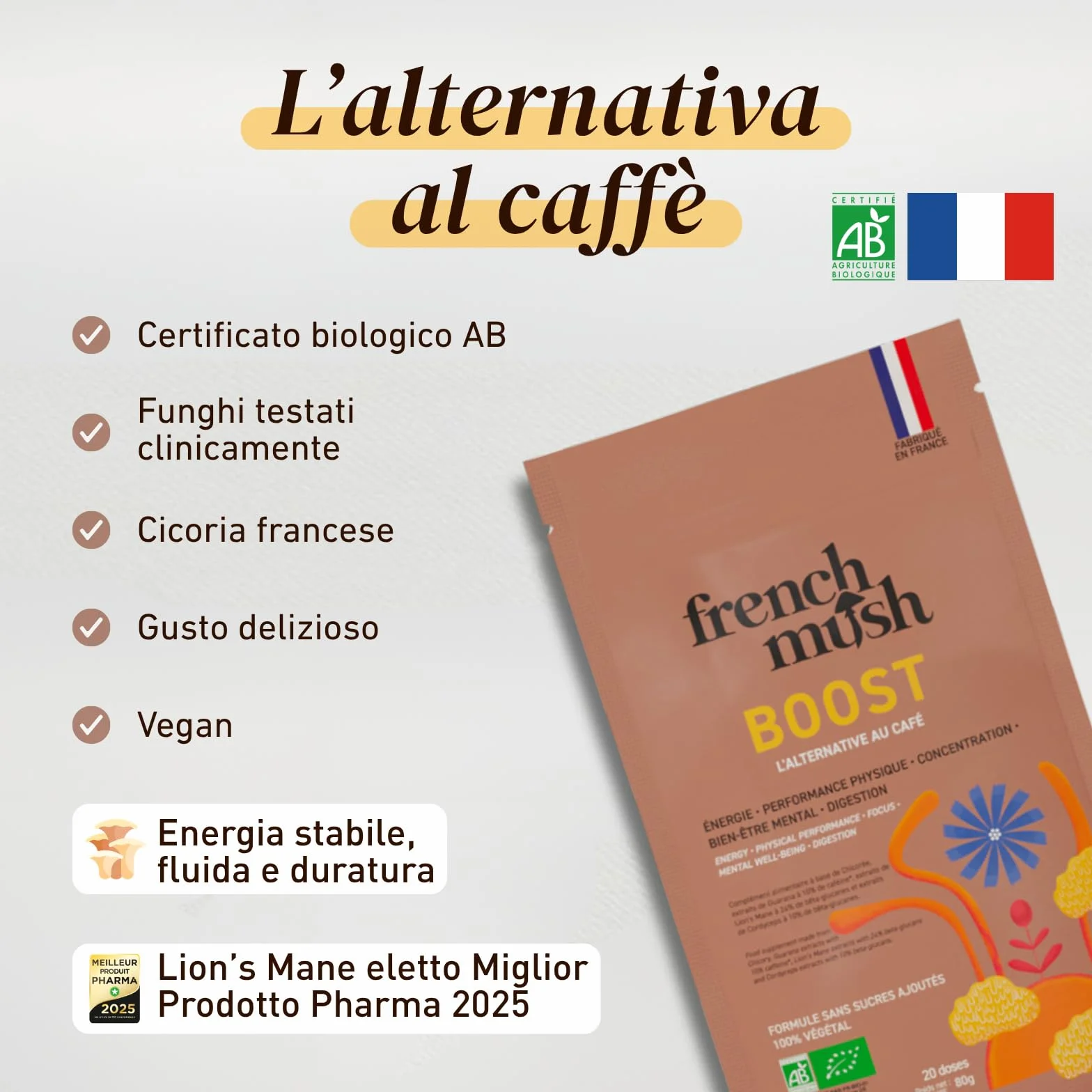 French Mush BOOST - Alternativa al caffè ai funghi adattogeni biologici: Lion's Mane & Cordyceps - Focus, Energia & Digestione - Vegano - Made in France - 20 dosi