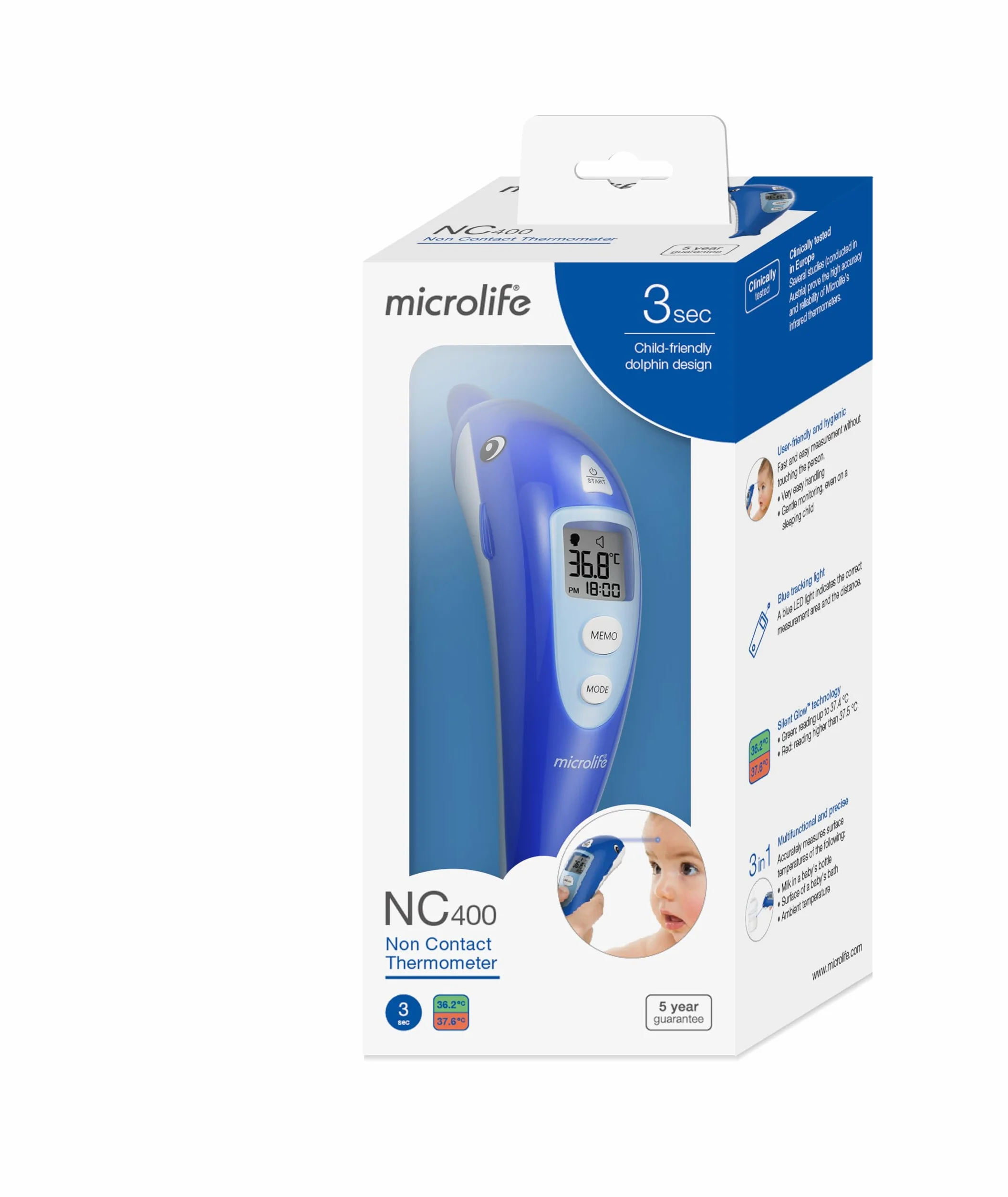 Microlife Termometro Frontale Senza Contatto NC 400, Guida Luminosa, 3 Modalità, Alta Precisione
