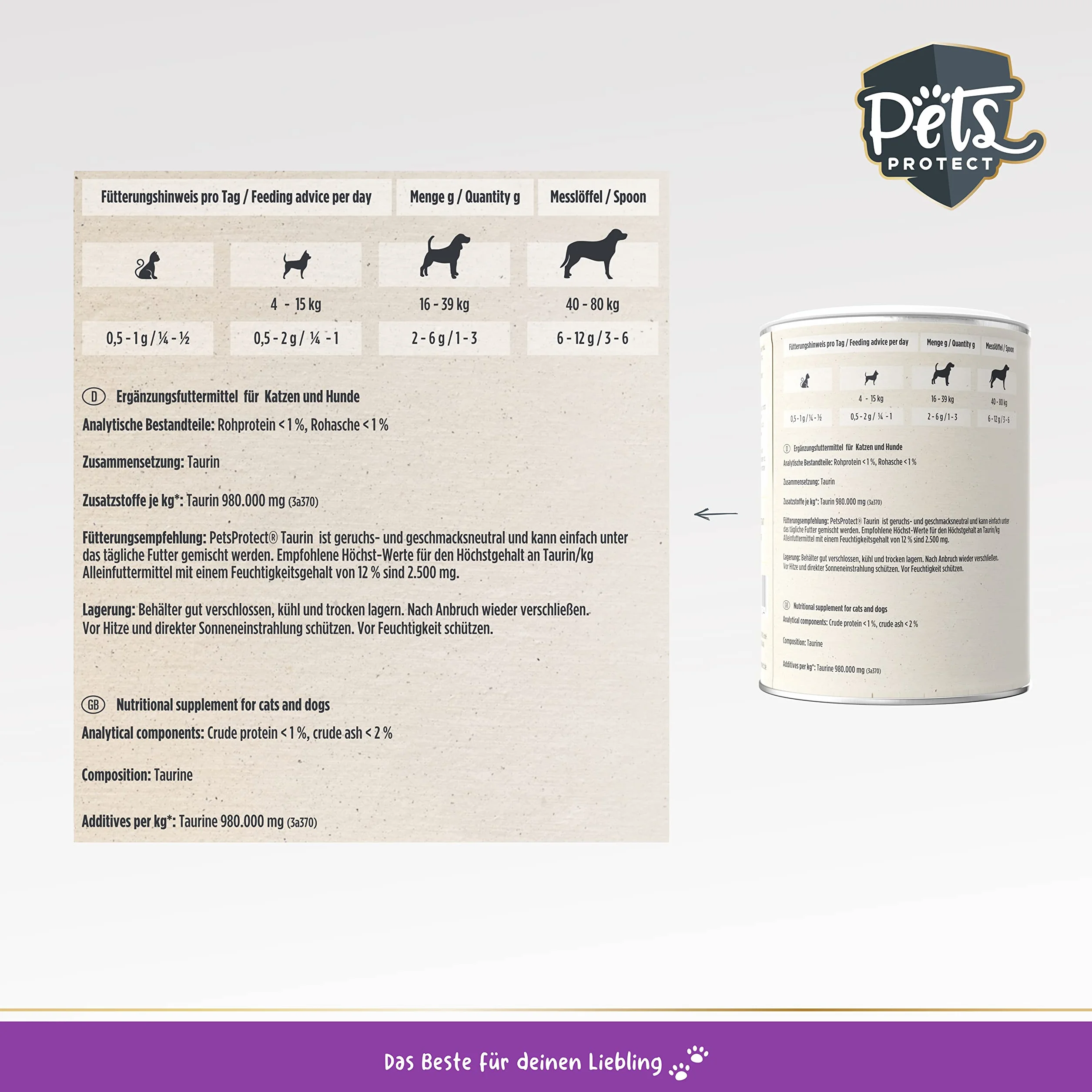 Pets PROTECT Taurine Powder 150 g per Cani e Gatti Supporta la Funzione Oculare e Cardiovascolare