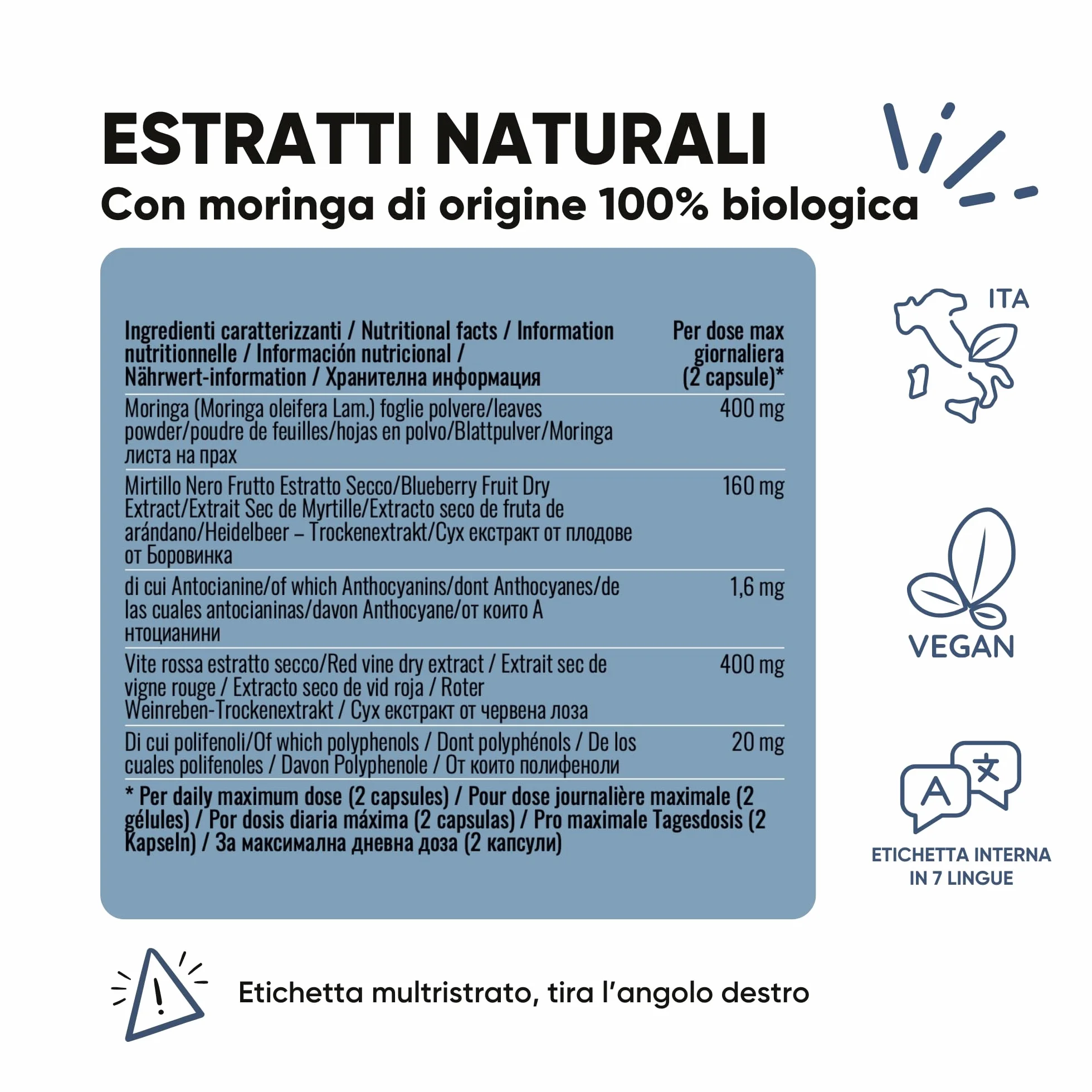 RedMoringa Integratore Microcircolo Gambe Mirtillo Nero e Vite Rossa con Moringa BIO 60 Capsule