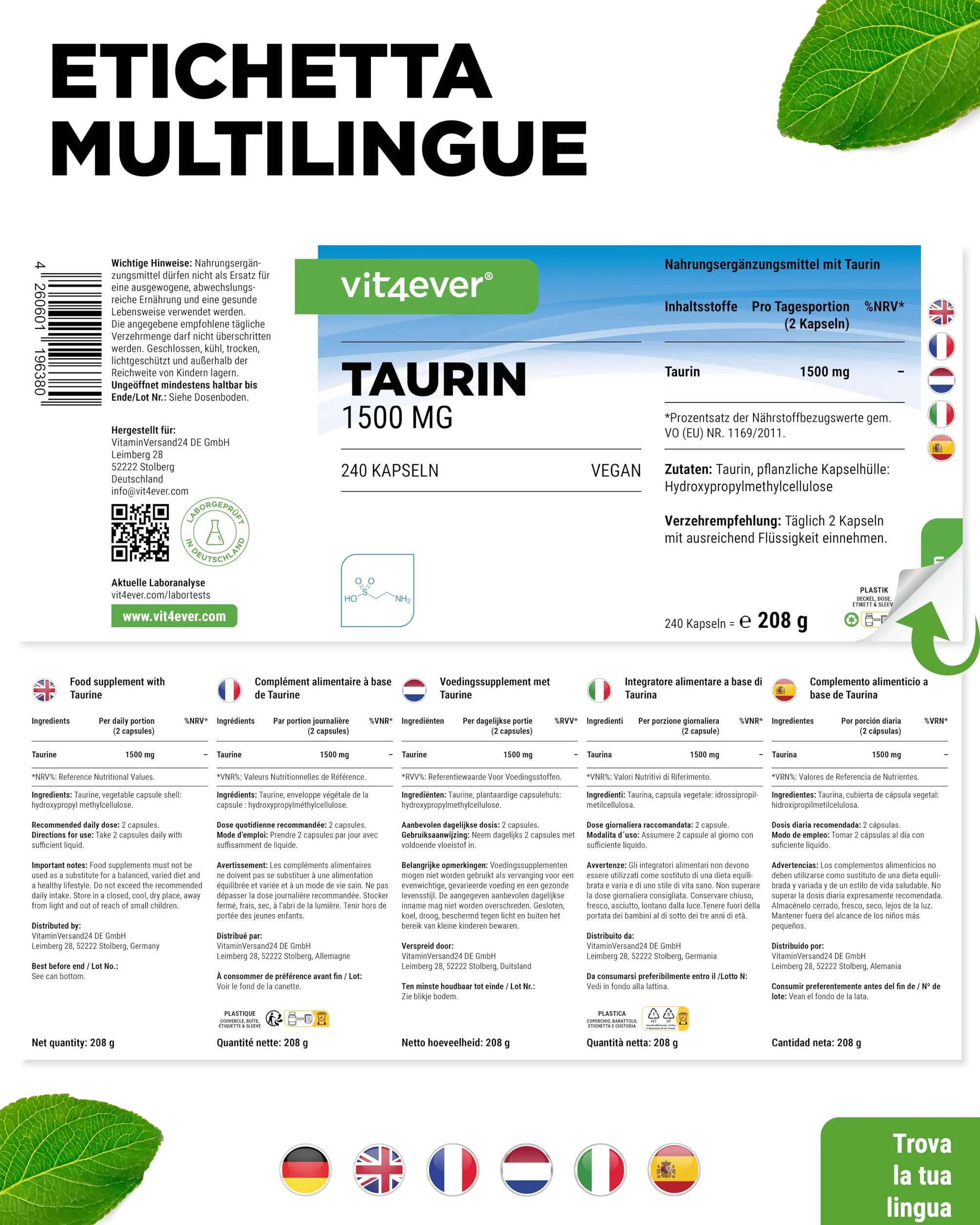 Taurina 240 Capsule 1500 mg per Dose Giornaliera 99% Purezza Vegano