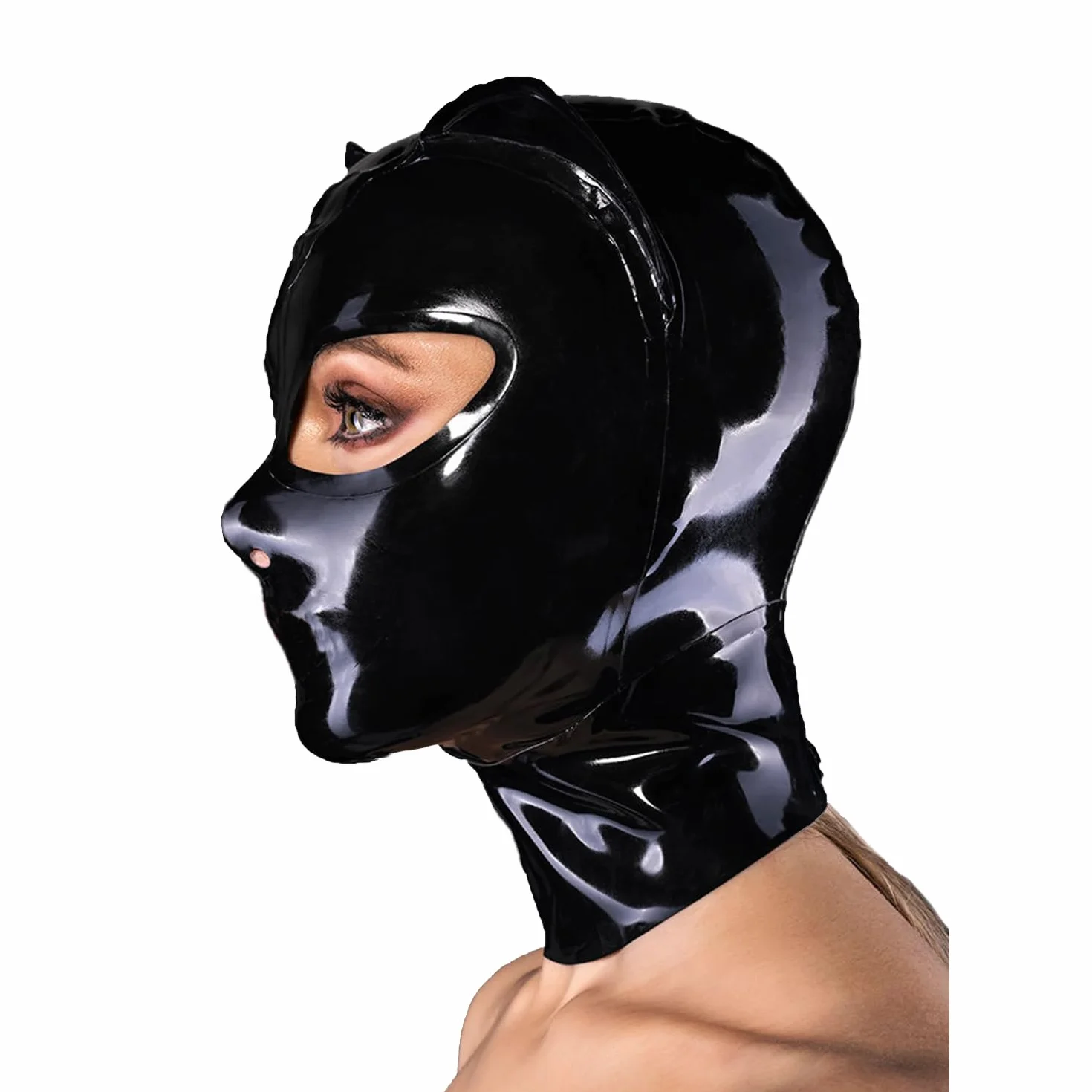 Cappuccio con Maschera da Gatto in Lattice Gomma per Cosplay con Orecchie e Cerniera Posteriore