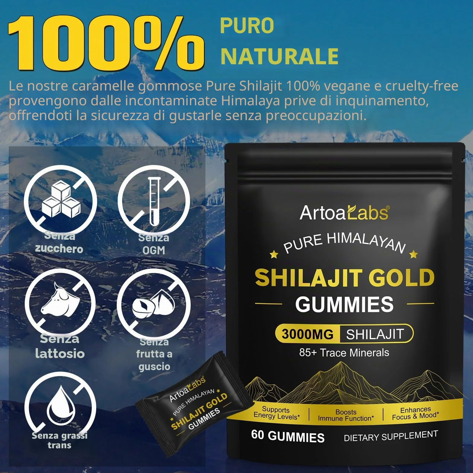 Shilajit - Orsetti gommosi 3000 mg, puro Himalaya Shilajit oro, oltre 85 oligoelementi, supporta il livello di energia, il sistema immunitario (1)