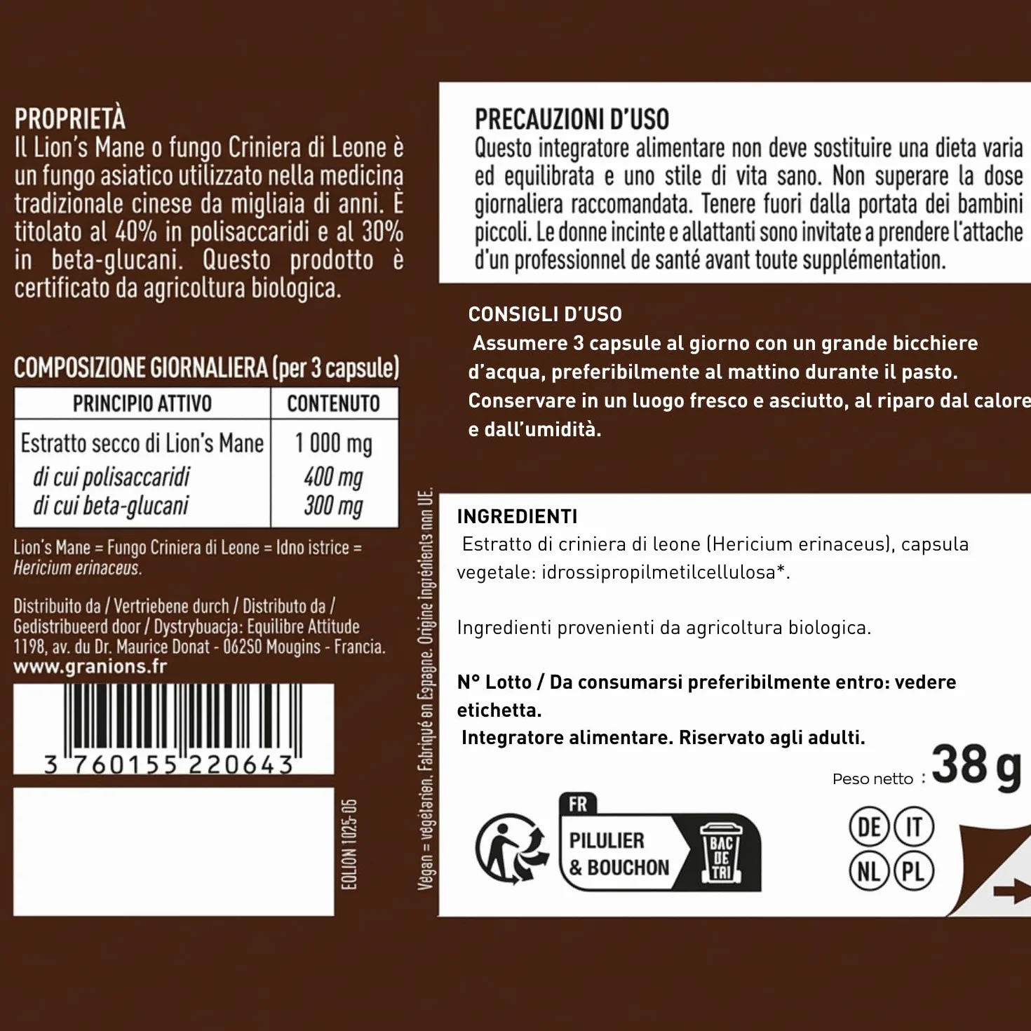 Granions Lion's Mane Bio 1000 mg 90 Capsule Vegetali 40% Polisaccaridi 30% Beta-Glucani KSM Hericium erinaceus Vegan Senza Glutine
