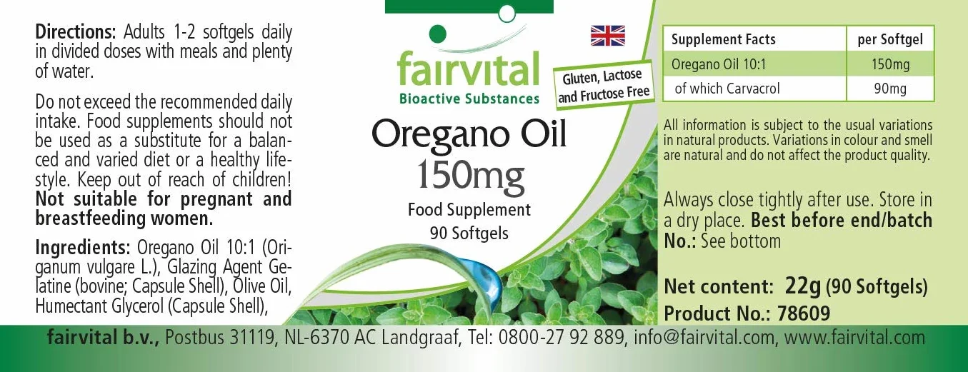 Fairvital Capsule di Olio di Origano 150 mg, 90 Capsule Molli, Estratto 10:1, Alto Dosaggio