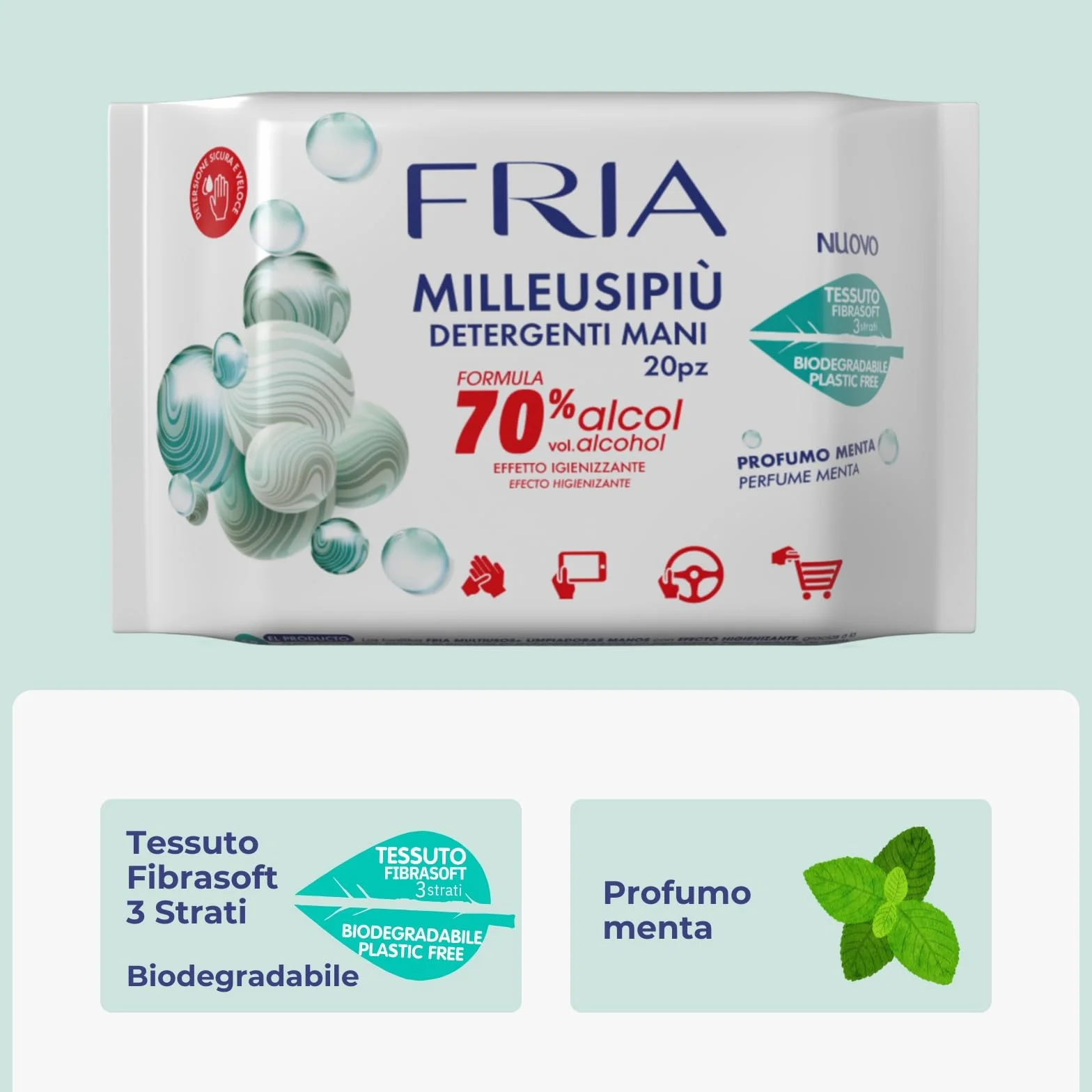 Fria MilleusiPiù Igienizzanti Salviette Detergenti 70% Alcol Tessuto Fibrasoft 3 Strati Biodegradabile 20 sztuk