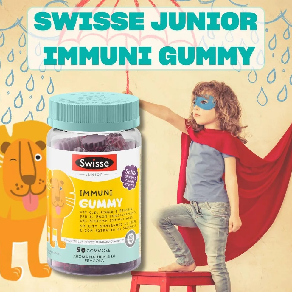 SWISSE Junior - Multivitaminico Completo Bambini con Vitamina D C B12 B6 e Minerali per Supporto al Sistema Immunitario, 50 Gommose ad Alto Contenuto di Fibre, Aroma Naturale di Fragola, Made in Italy