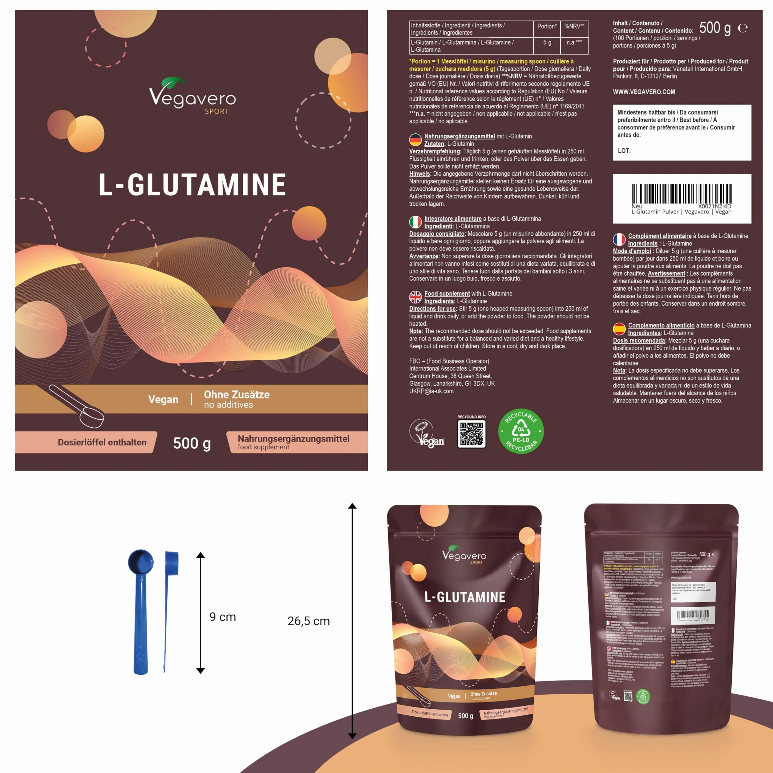 Glutammina in Polvere | 100% Pura e Naturale | Gusto Neutro | 5.000 mg - Alto Dosaggio | Vegan e Senza Additivi | Integratore Sport per Recupero Muscolare | con Misurino | Vegavero®