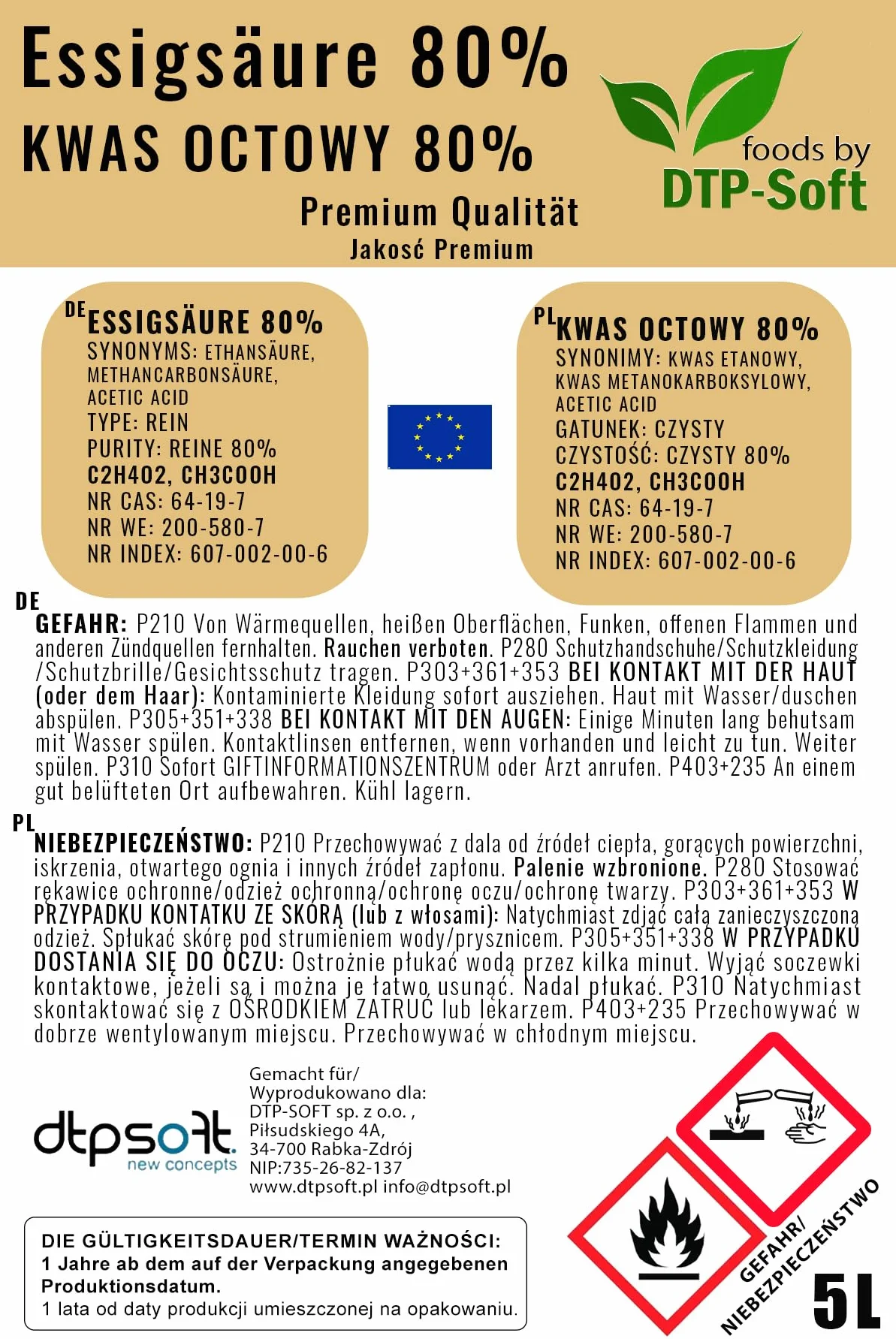Kwas octowy 80% 5 l esencja octu