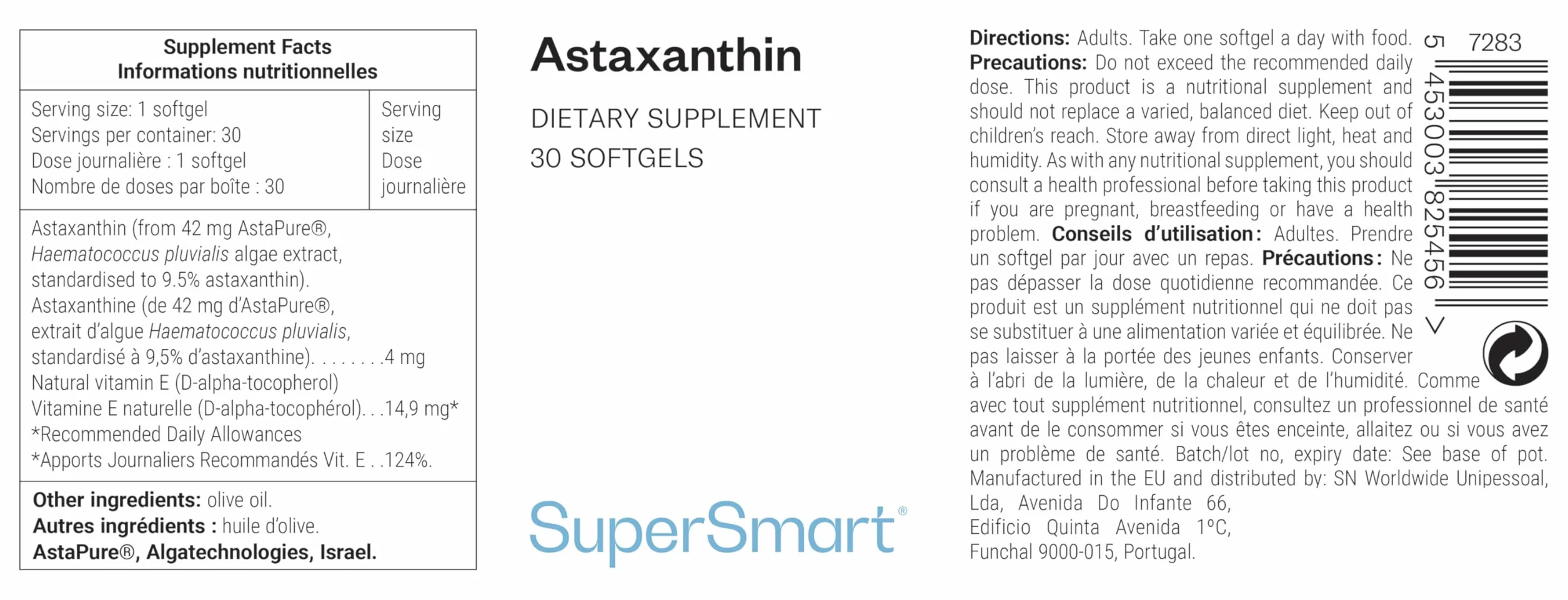 Astaxantina 9,5% Estratto di alga Haematococcus Pluvialis Antiossidante Vegano Senza glutine SuperSmart