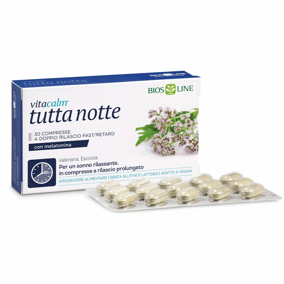 BIOS LINE VitaCalm Tutta Notte Melatonina Integratore Doppio Rilascio Sonno 30 compresse