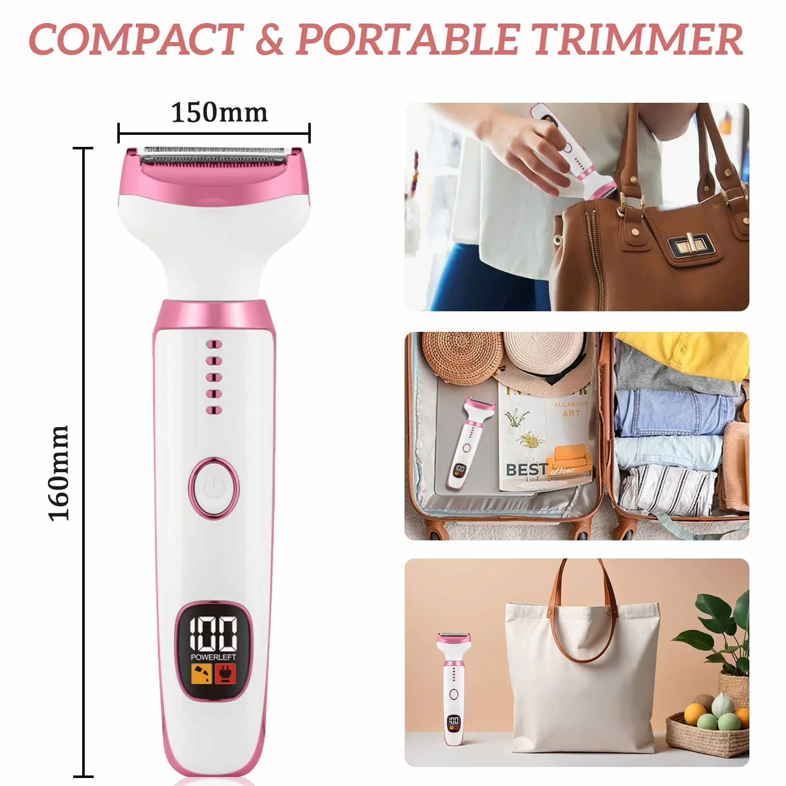 Rasoio Elettrico Donna, 5 in 1 Rasoio Elettrico Donna, Epilatore Intimo Donna, Utilizzo a Secco e Bagnato, per Bikini, Ascelle, Gambe, Sopracciglia e Naso, con Display LED, Ricarica USB