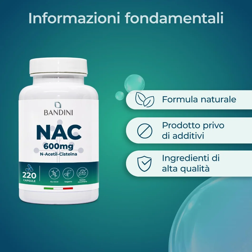 Bandini® NAC N-Acetil-Cisteina 220 Capsule 600mg (+7 Mesi),Precursore del Glutatione, Acetilcisteina 600mg, 1 Capsula al Giorno, Alto Dosaggio di N-Acetilcisteina Aumentata, Integratore 100% Vegano