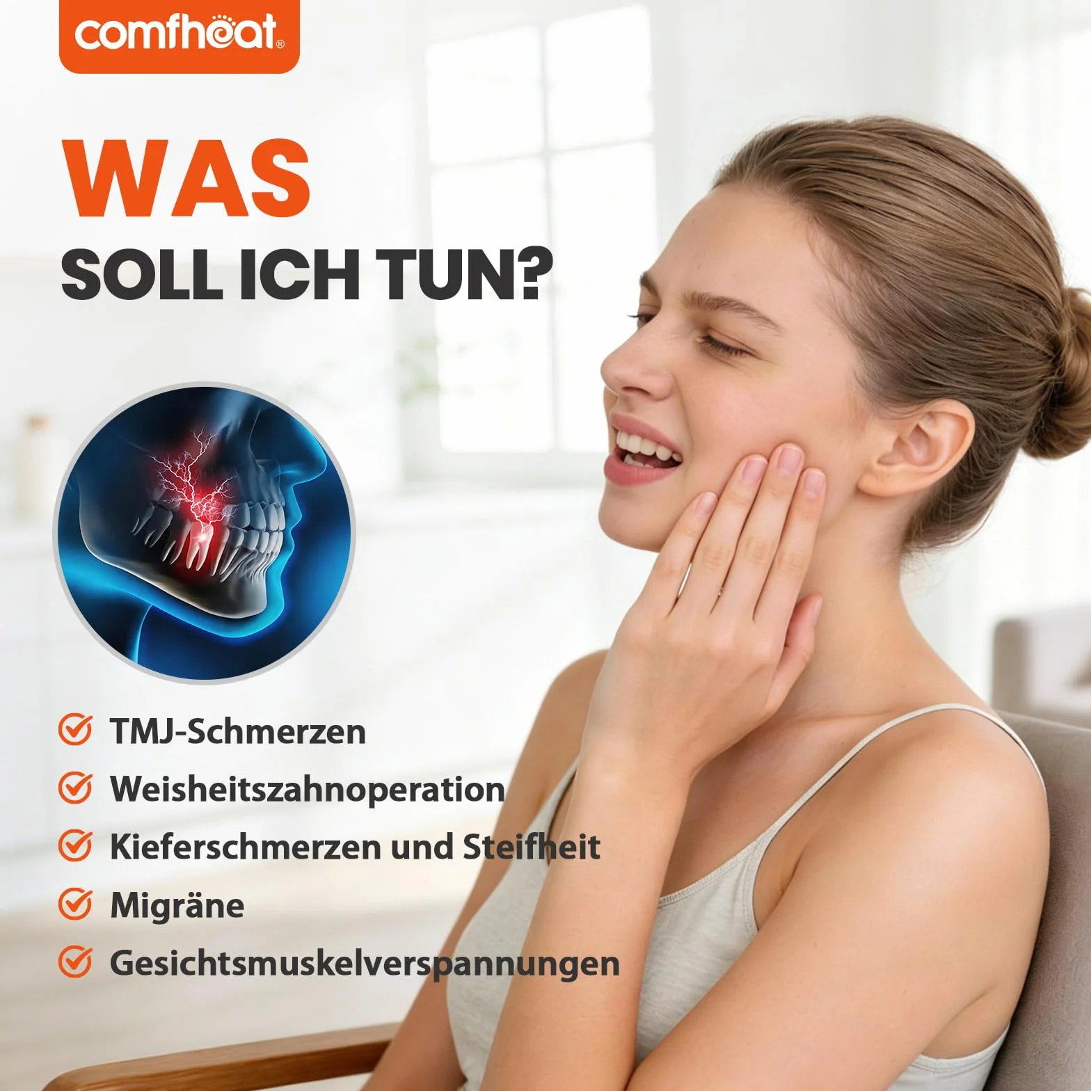 Cuscinetto riscaldante per il viso per alleviare il dolore TMJ, fascia riscaldata USB per mascelle, recupero dei denti del giudizio, 3 impostazioni di calore regolabili, riduce i sintomi