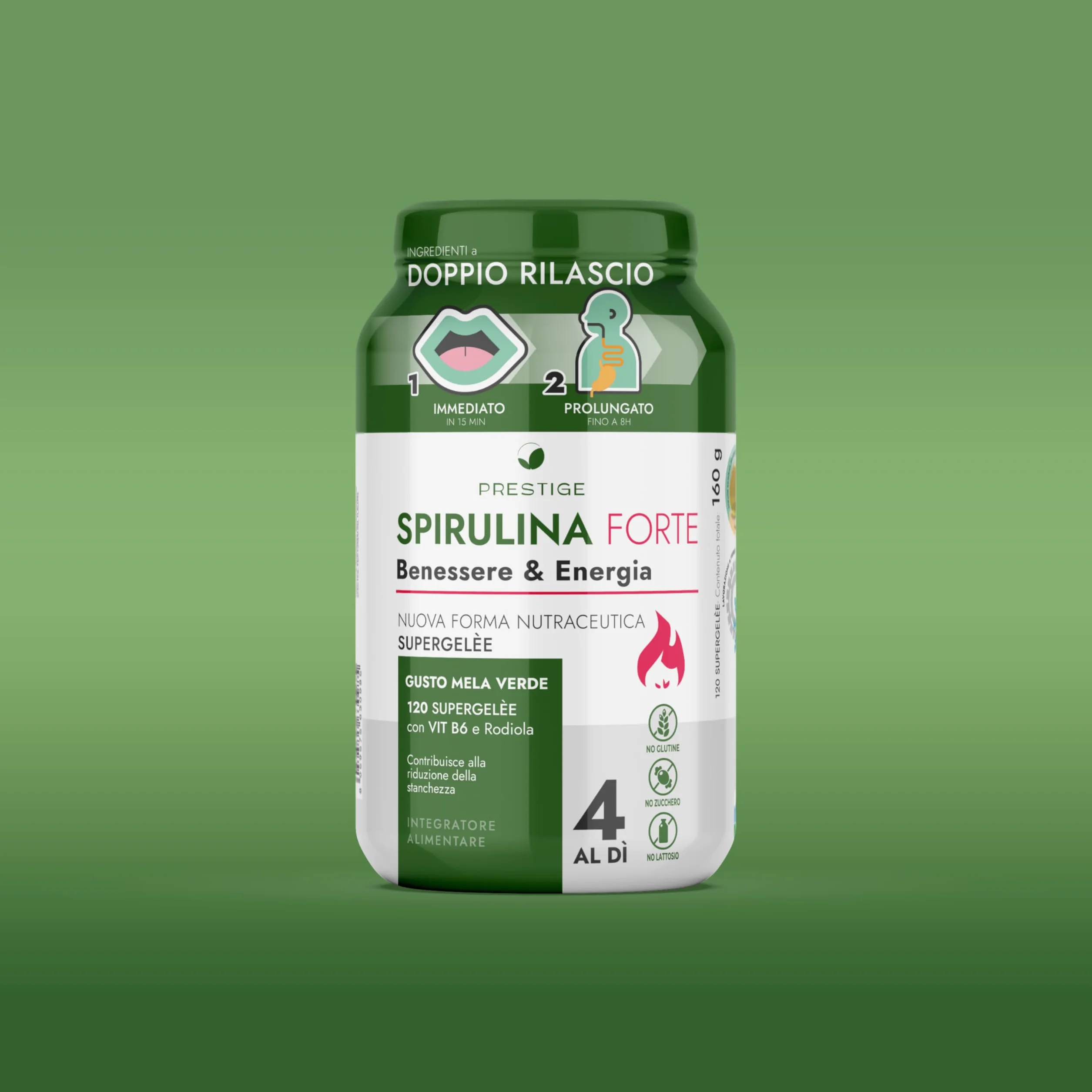 Spirulina Forte Integratore 120 Gommose Supergelée Mela Verde - Energia Focus Mentale Stanchezza Metabolico