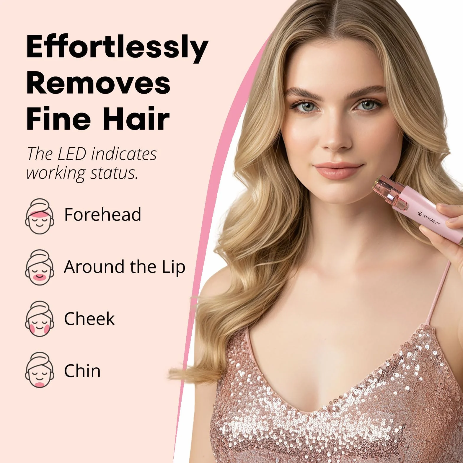 VG VOGCREST Rasoio viso per sopracciglia: 2 in 1 ricaricabile per la rimozione dei peli del viso e delle sopracciglia, rasoio per viso, labbra, corpo, indolore, con luce LED integrata (PINK)