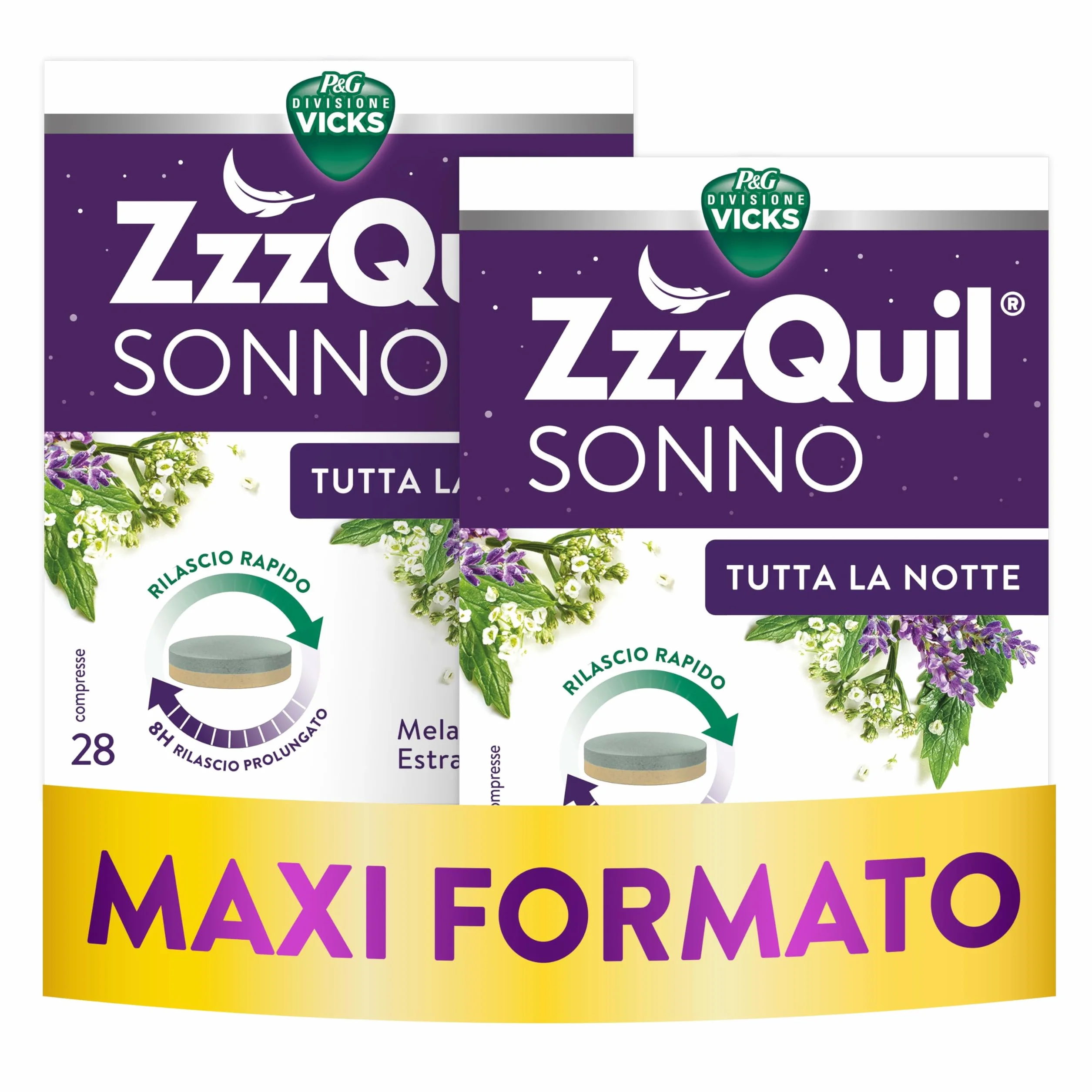 ZzzQuil Integratore Per il Sonno, Melatonina con Valeriana e Vitamina B6, Rilascio Prolungato 8 Ore, 28 x 2 Compresse