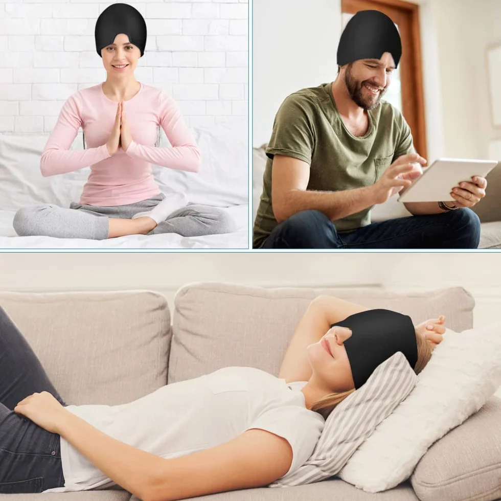 ACWOO Cappello per Emicrania, Riutilizzabile Cappello Mal di Testa Gel Ghiaccio, Confortevole Cuscinetti Terapia Caldo/Freddo per Alleviare L'emicrania, Occhi Gonfie e Sinus Stress (Nero)