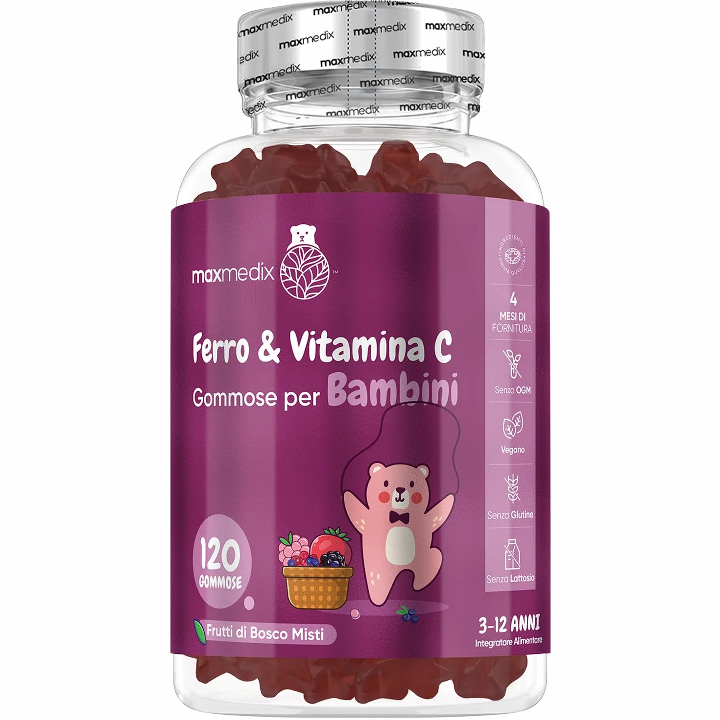 Ferro Bambini con Vitamine Gommose, 120 Caramelle Vegane ai Frutti di Bosco con Vit C, (4 Mesi di Fornitura) dai 3 ai 12 Anni, Integratore Ferro e Vitamina C Bambini Gommose, Prive di Glutine e OGM