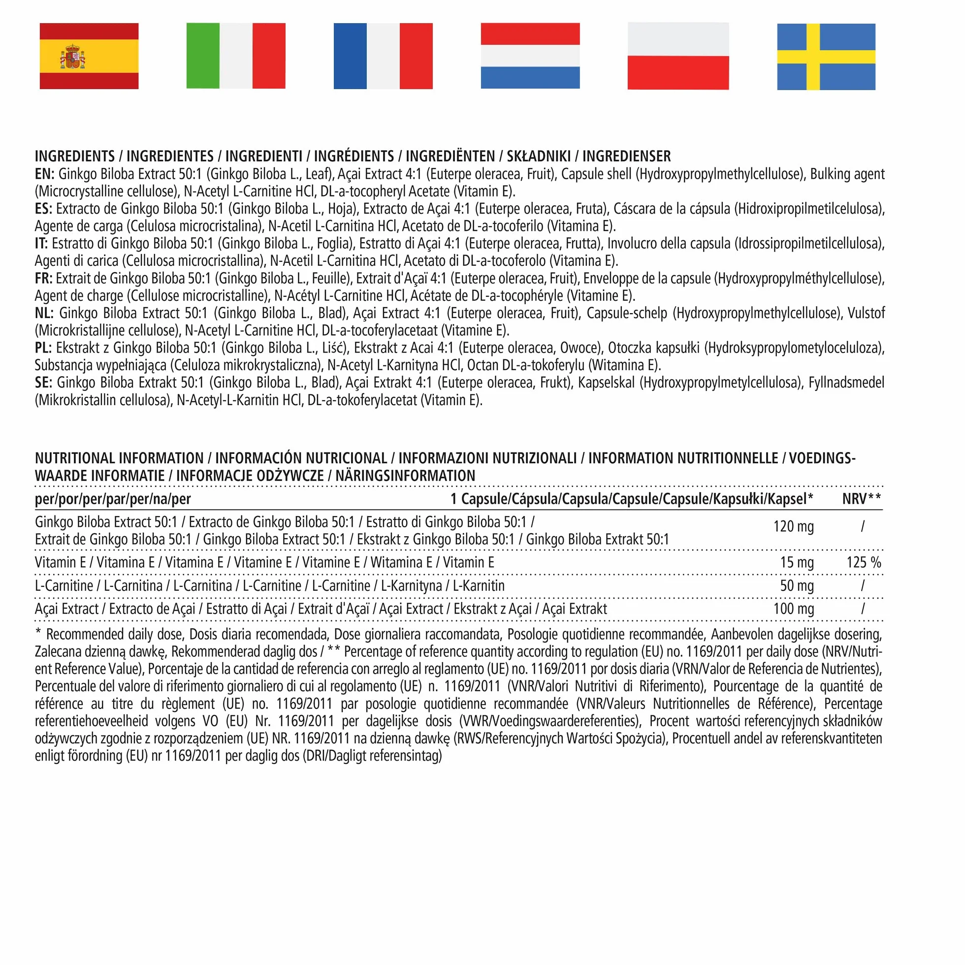 Vitamaze Ginkgo Biloba Complex 6000 mg (50:1) con L Carnitina e Vitamina E, 100 Capsule Integratore Vegano