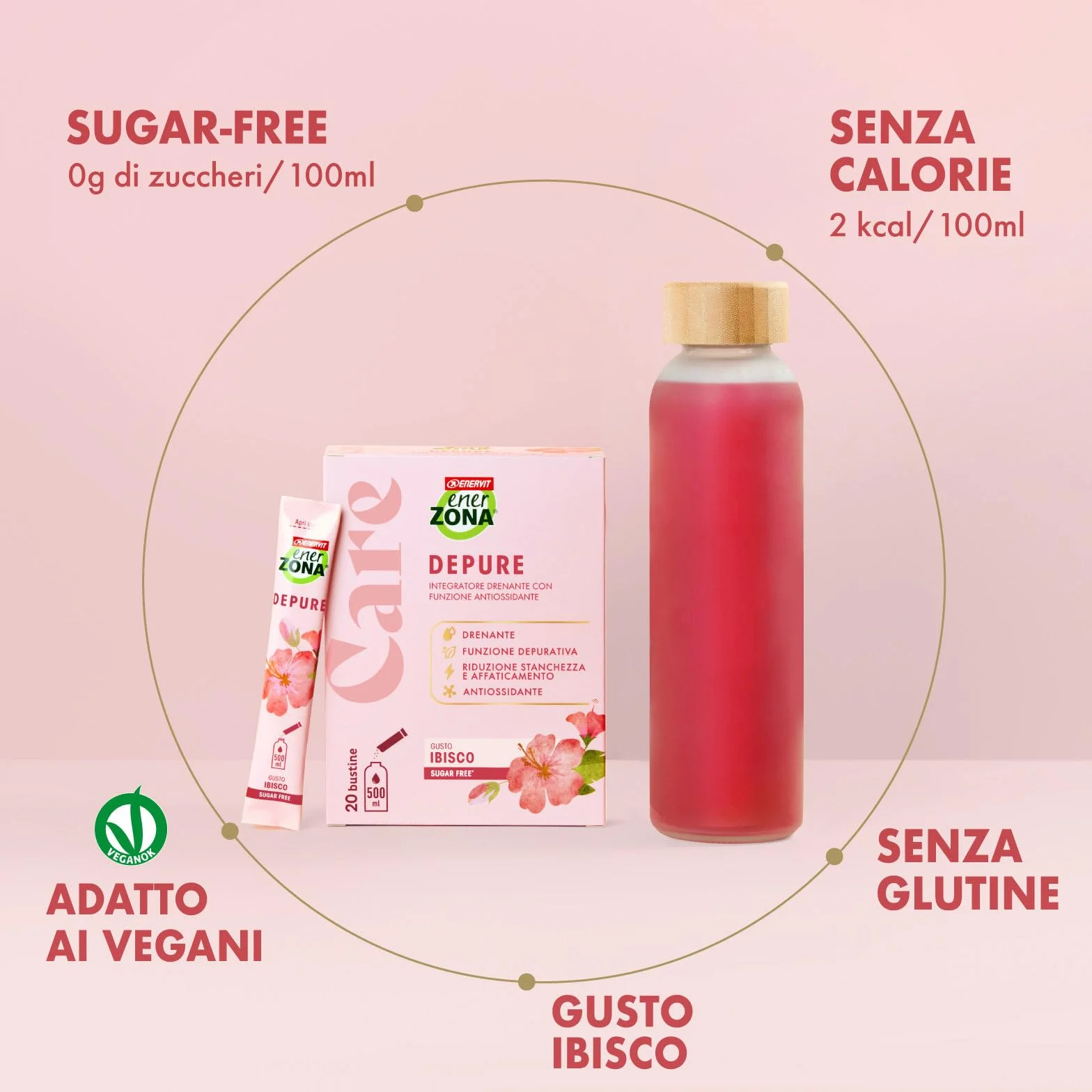 Enervit EnerZona Care Depure Integratore Alimentare Drenante Antiossidante 20 Bustine Zero Zuccheri Gusto Ibisco