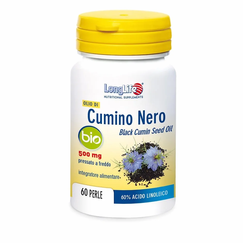 LongLife® Olio di Cumino Nero Bio | Titolato al 60% in acido linoleico | Pressato a freddo | Sostegno immunitario e cardiovascolare | Funzione antiossidante | 1 mese di trattamento | Senza glutine