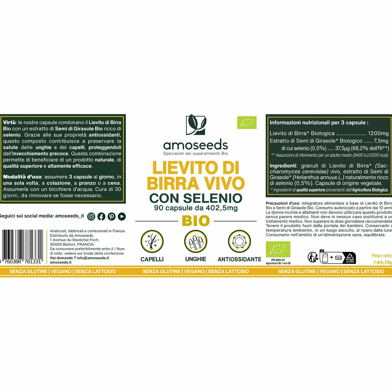 Lievito di Birra Vivo BIO 1200mg Selenio 90 capsule vegane per Capelli e Unghie